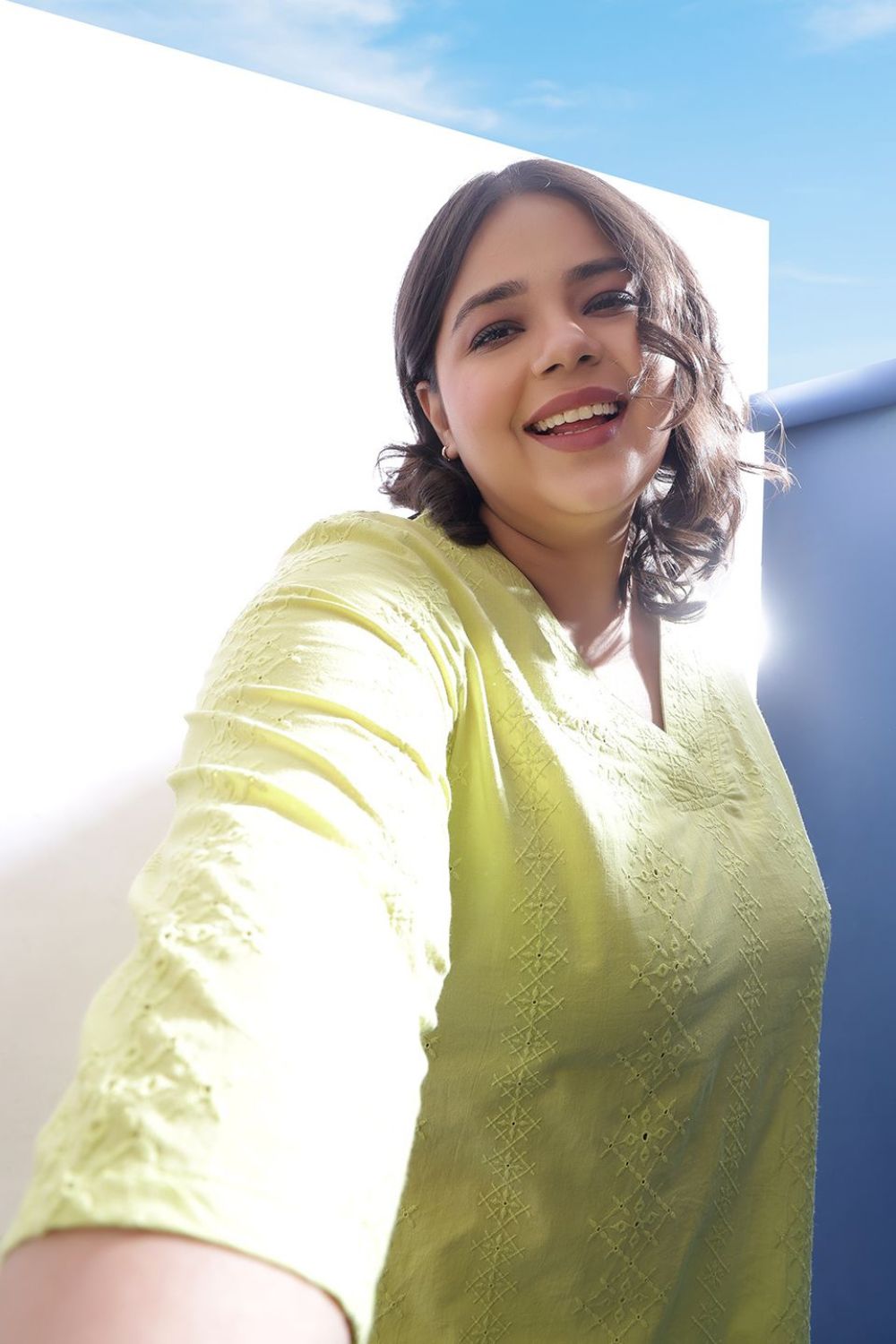 Plus Size Lime Green Cotton Schiffli V Neck Kurta