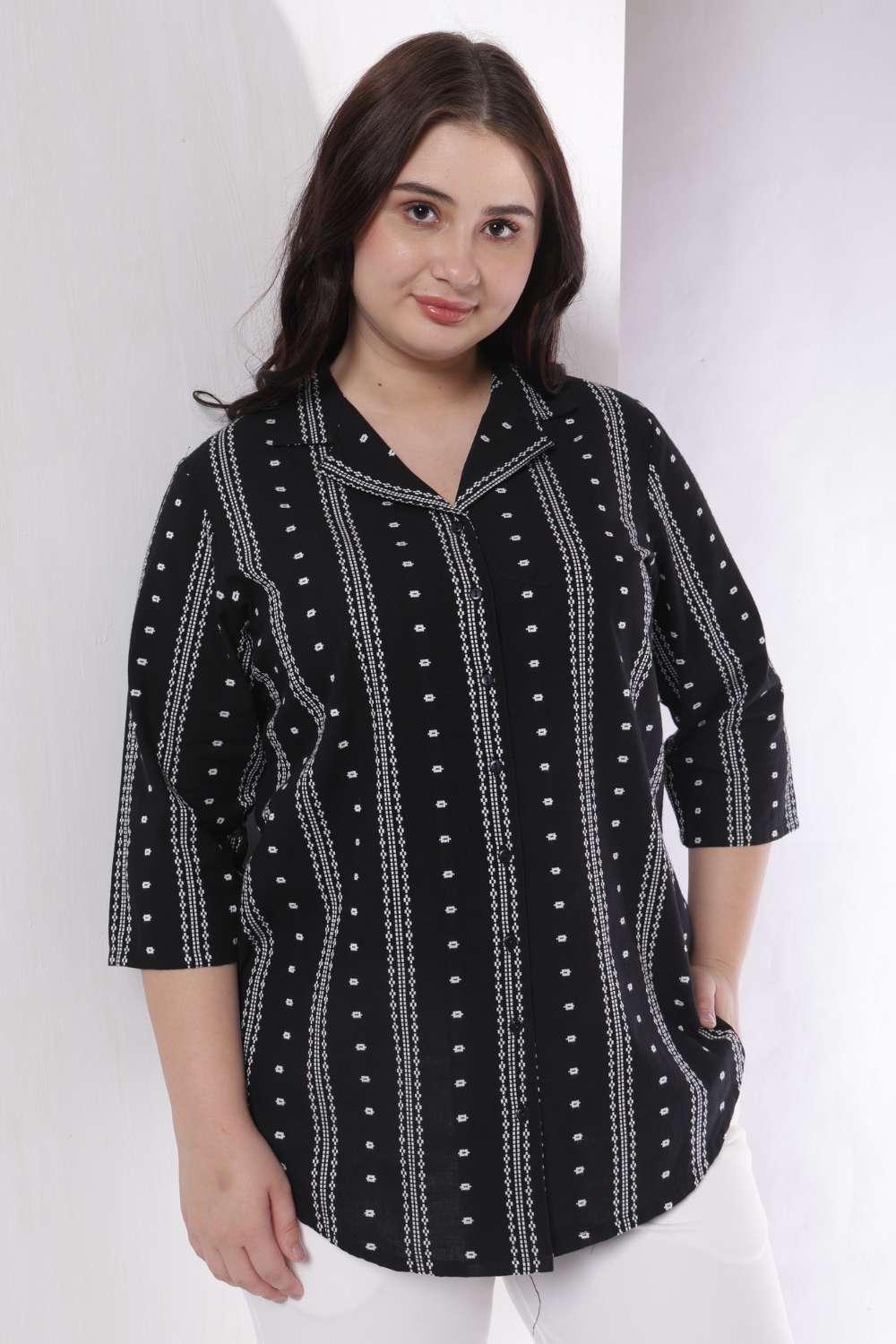 Plus Size Black Weave Work Cuban Collar Cotton Shirt