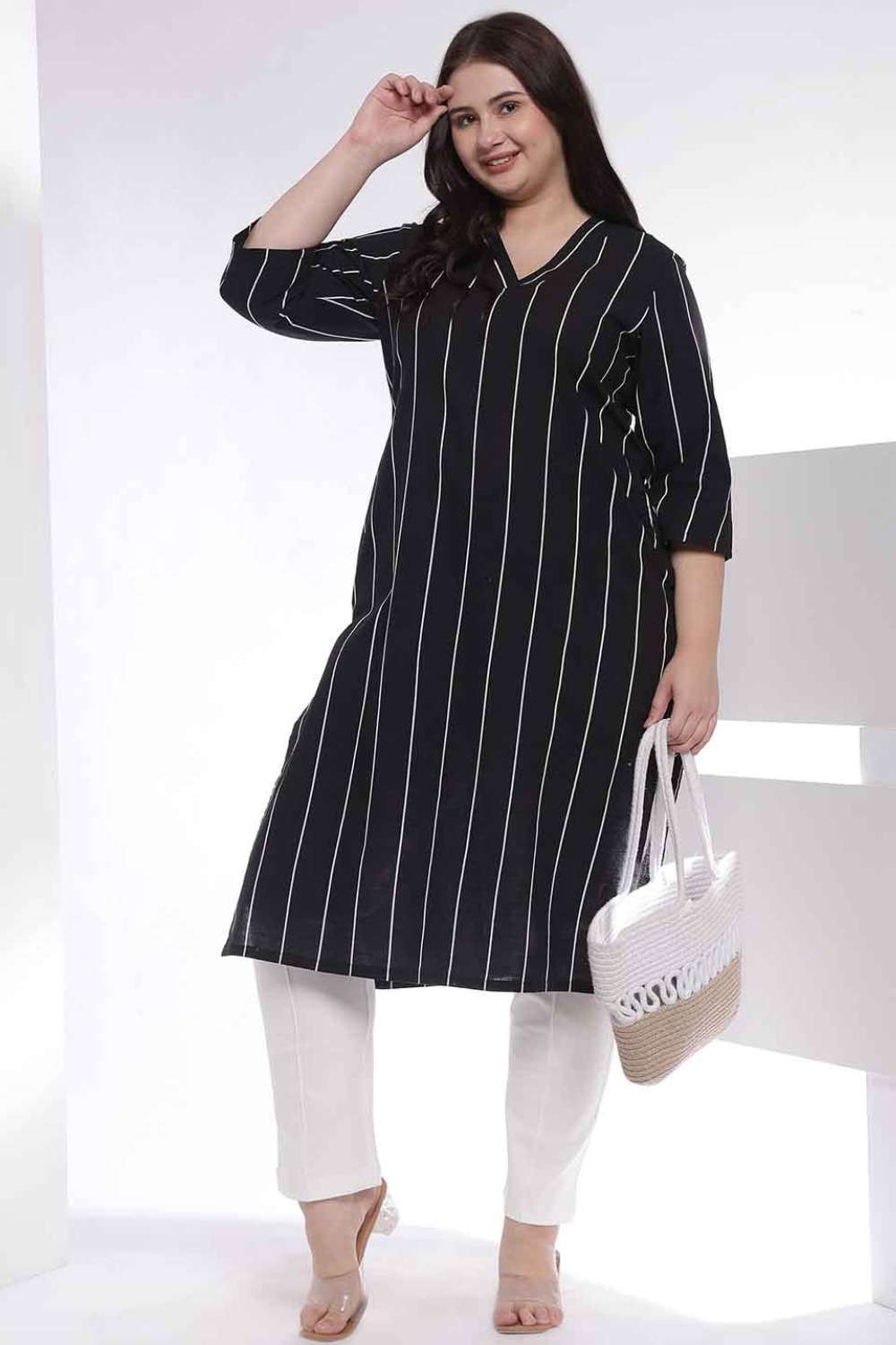 Plus Size Black Vertical Stripe Cotton V Neck Kurta