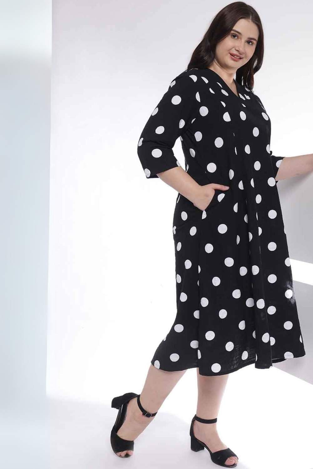 Plus Size Plus Size Black Polka Print Rayon Midi Dress