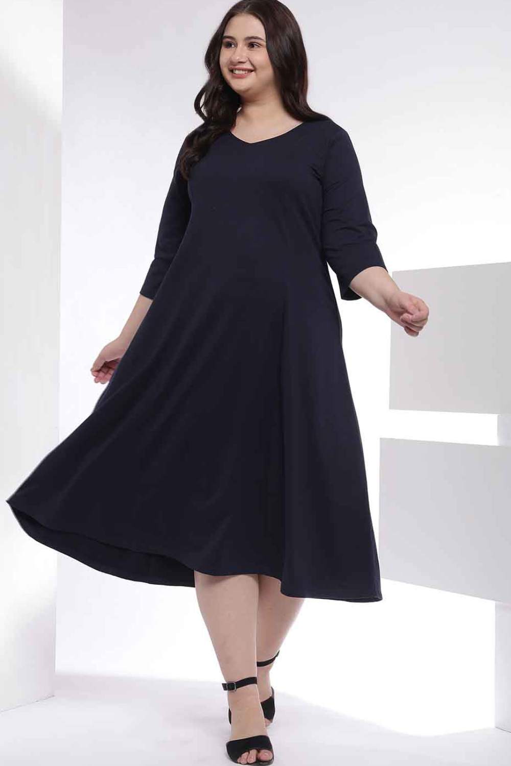 Plus Size Dark Blue A-Line Cotton Dress