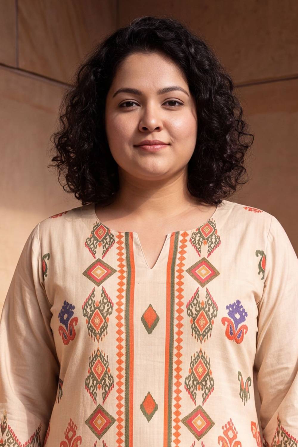 Plus Size Beige Ethnic Border Print Cotton Kurta Coord Set