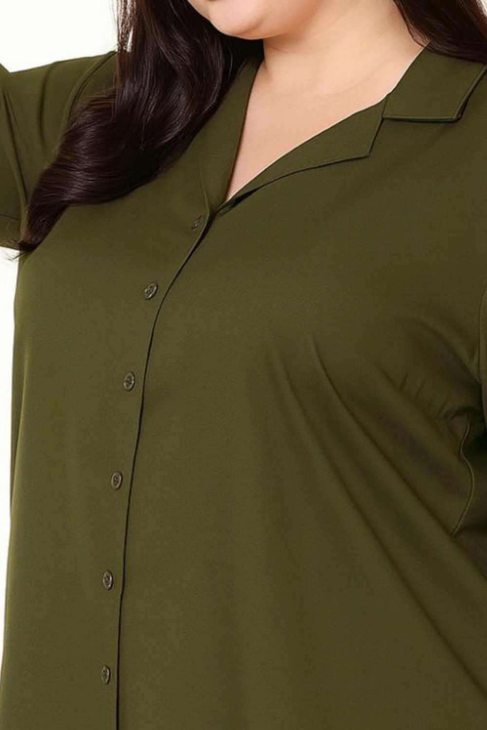 Plus Size Olive Green Cotton Linen Cuban Collar Shirt