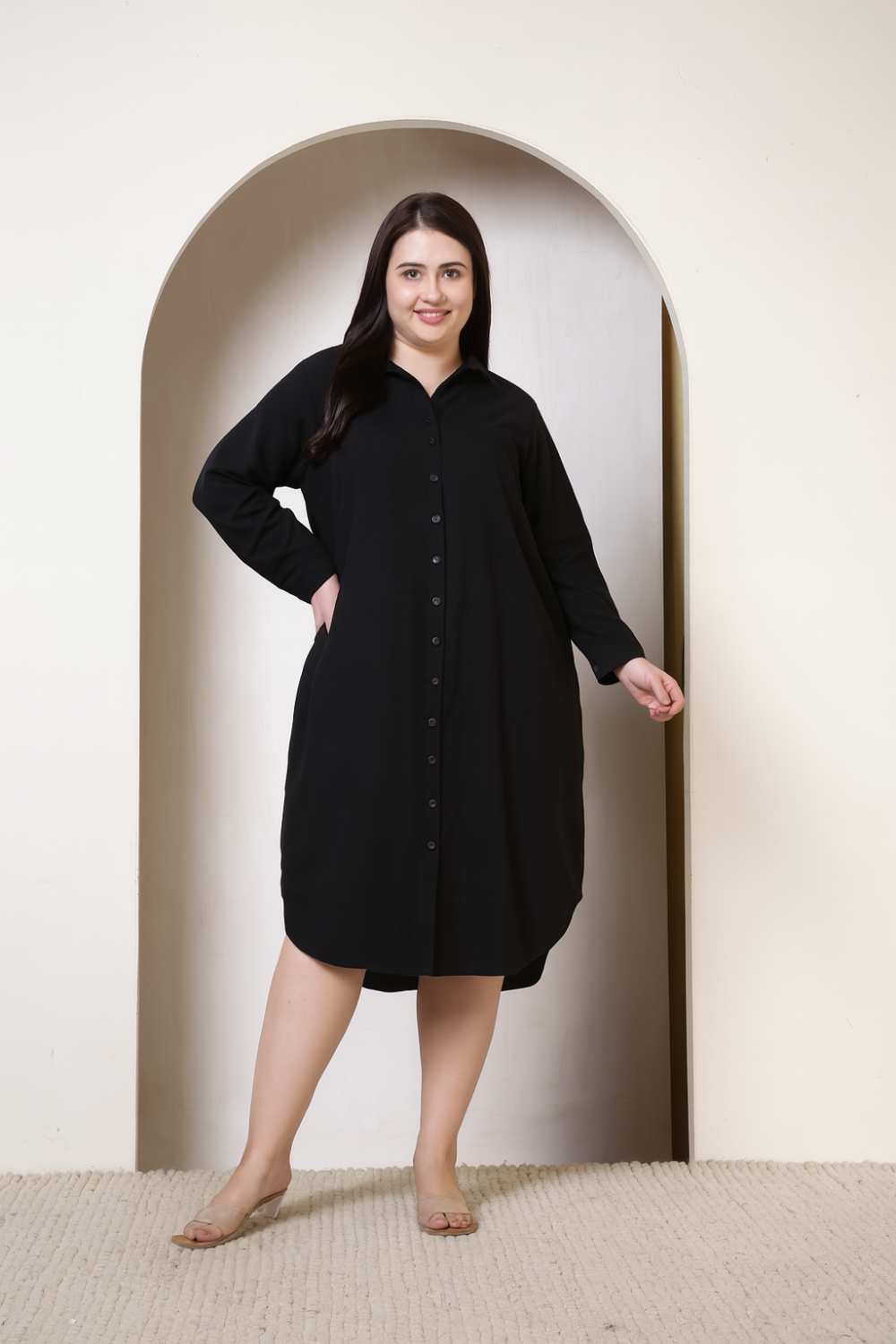 Plus Size Plus Size Black Cotton Linen Shirt Dress