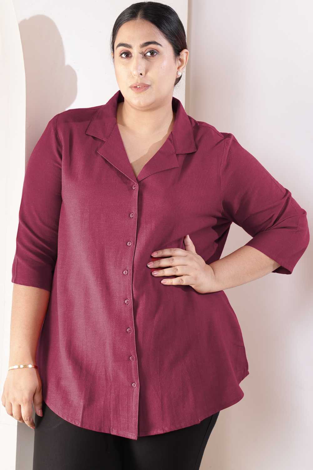 Plus Size Wine Cotton Linen Cuban Collar Shirt