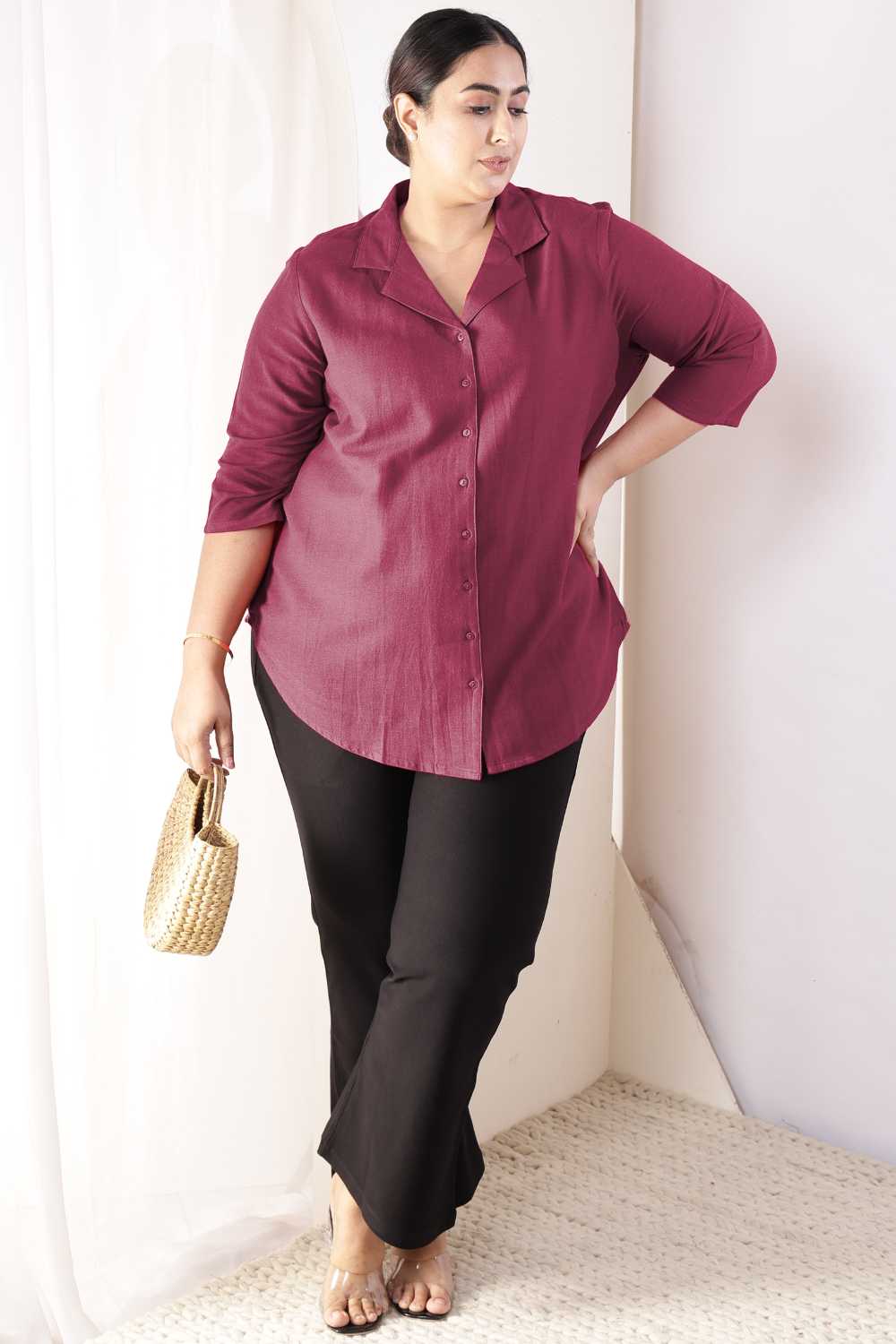 Plus Size Wine Cotton Linen Cuban Collar Shirt