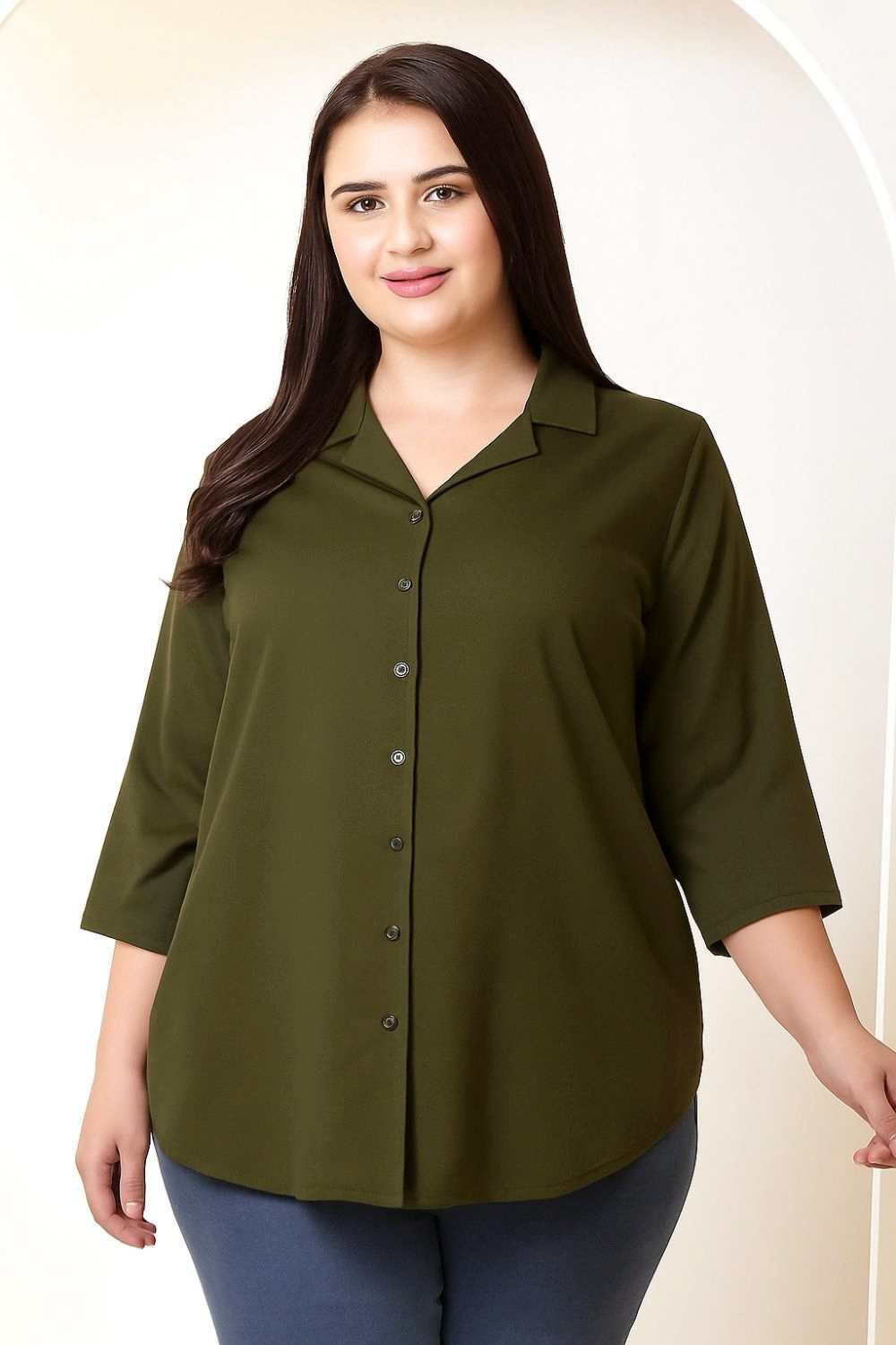 Plus Size Plus Size Olive Green Cotton Linen Cuban Collar Shirt