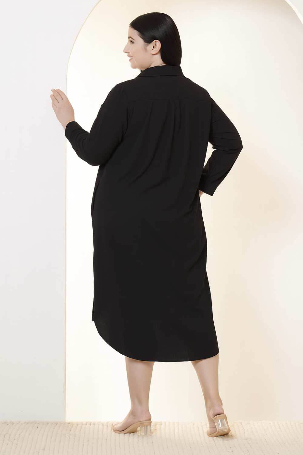Plus Size Black Cotton Linen Shirt Dress
