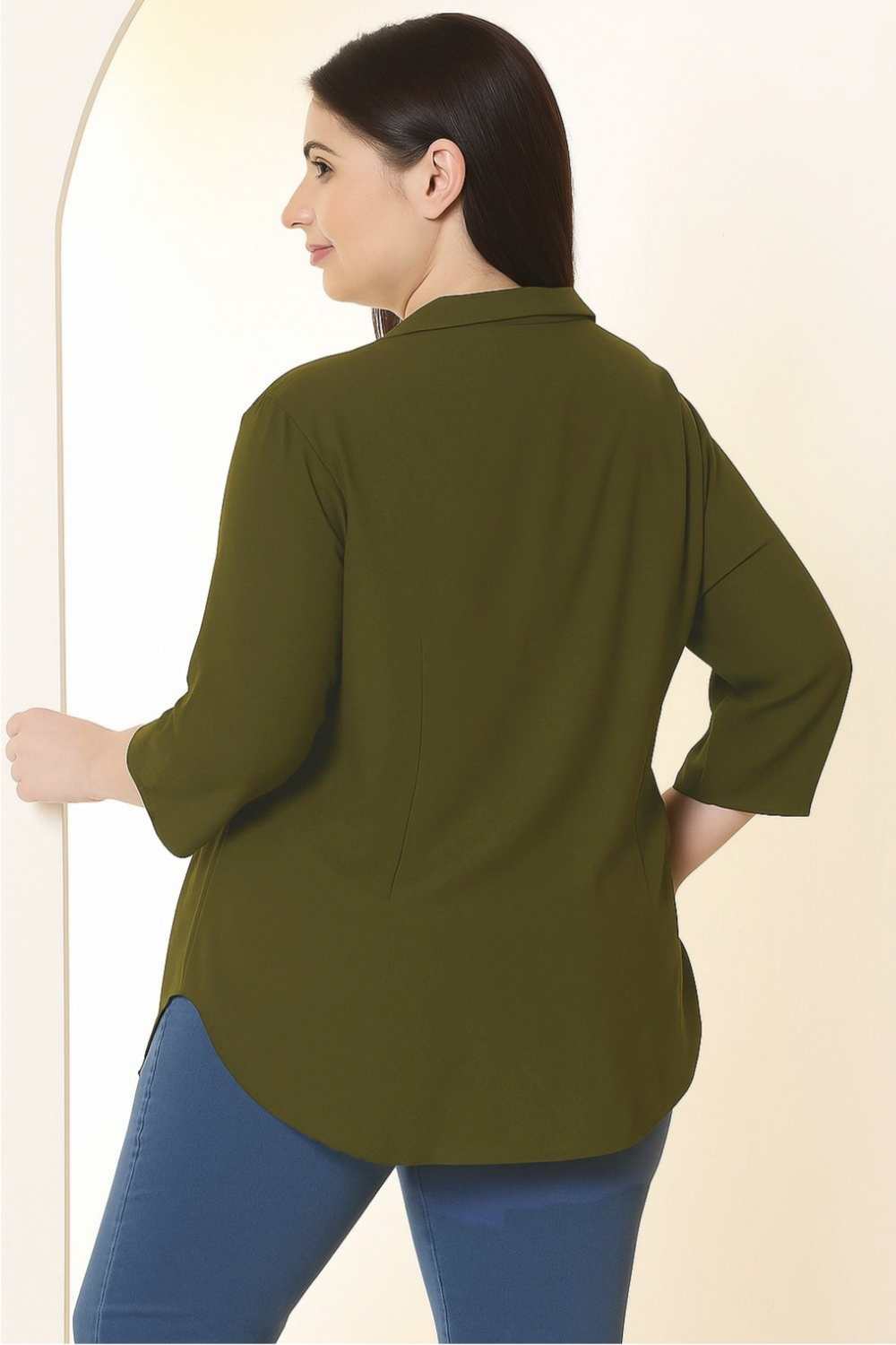 Plus Size Olive Green Cotton Linen Cuban Collar Shirt