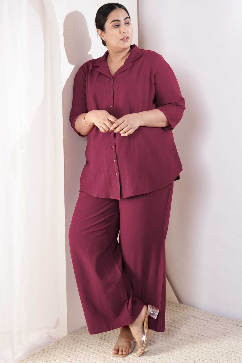 Plus Size Wine Cotton Linen Shirt Coord Set