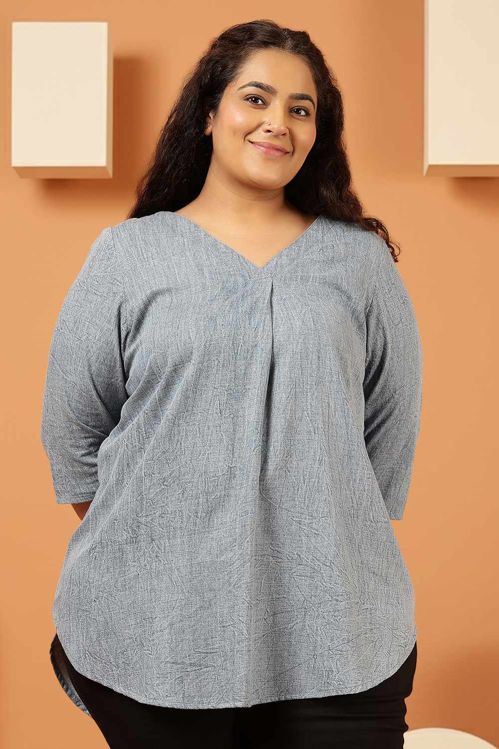 Plus Size Acid Wash Denim Cotton Top