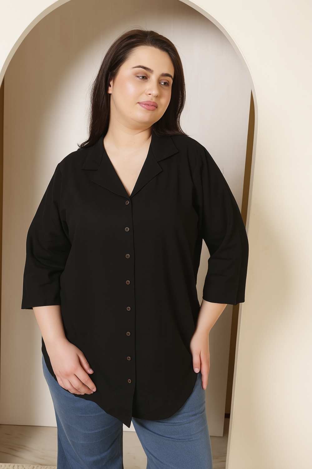 Plus Size Plus Size Black Cotton Linen Cuban Collar Shirt
