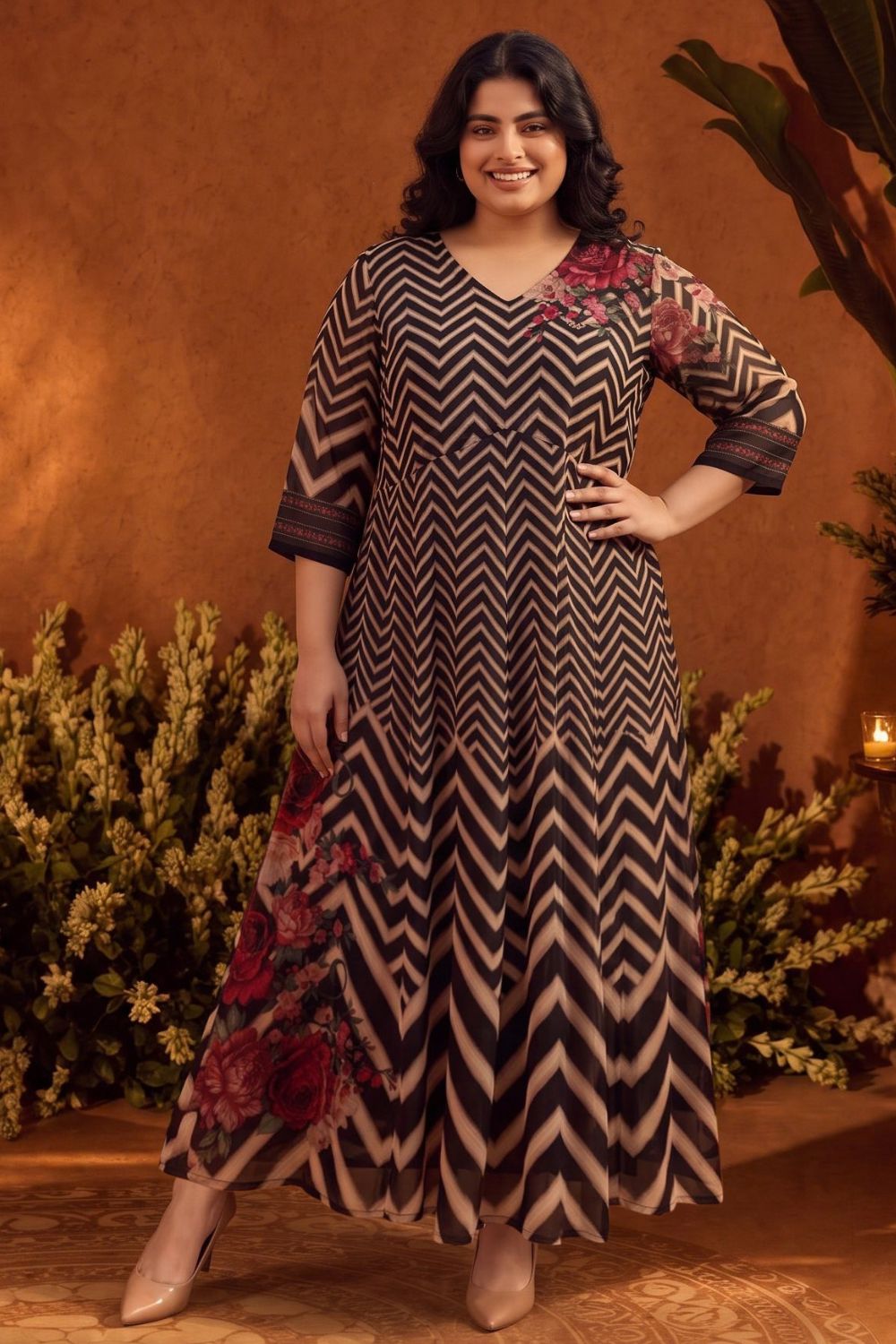 Plus Size Black Rose Chevron Print Georgette Anarkali Dress