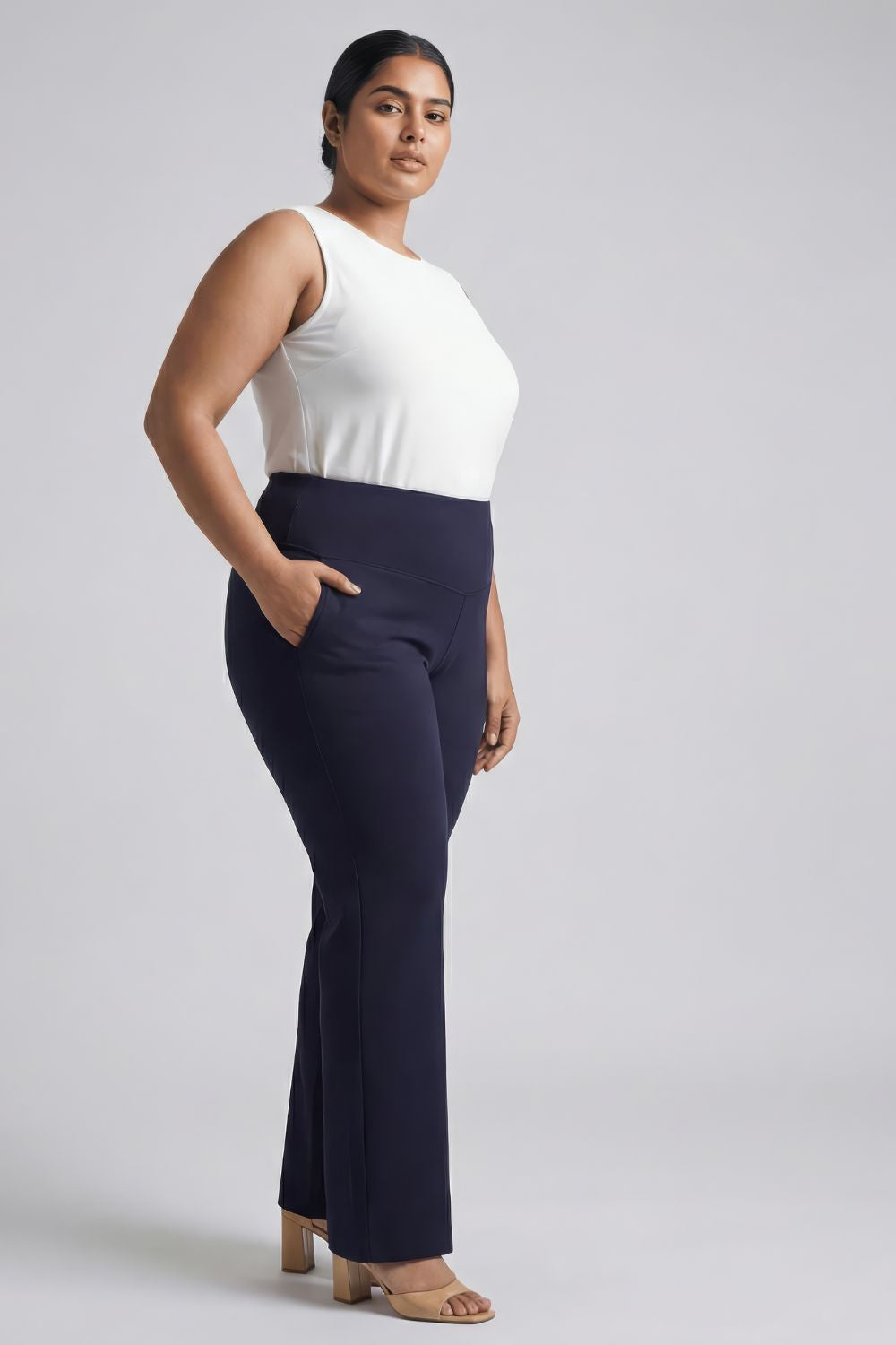Plus Size Navy Tummy Shaper Flare Pants