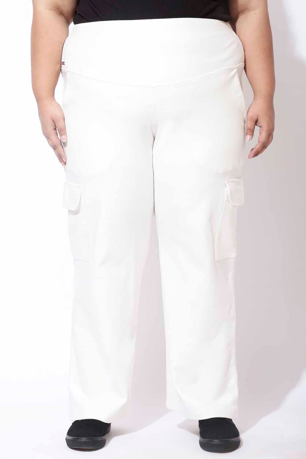 Plus Size White Tummy Shaper Cargo Pants