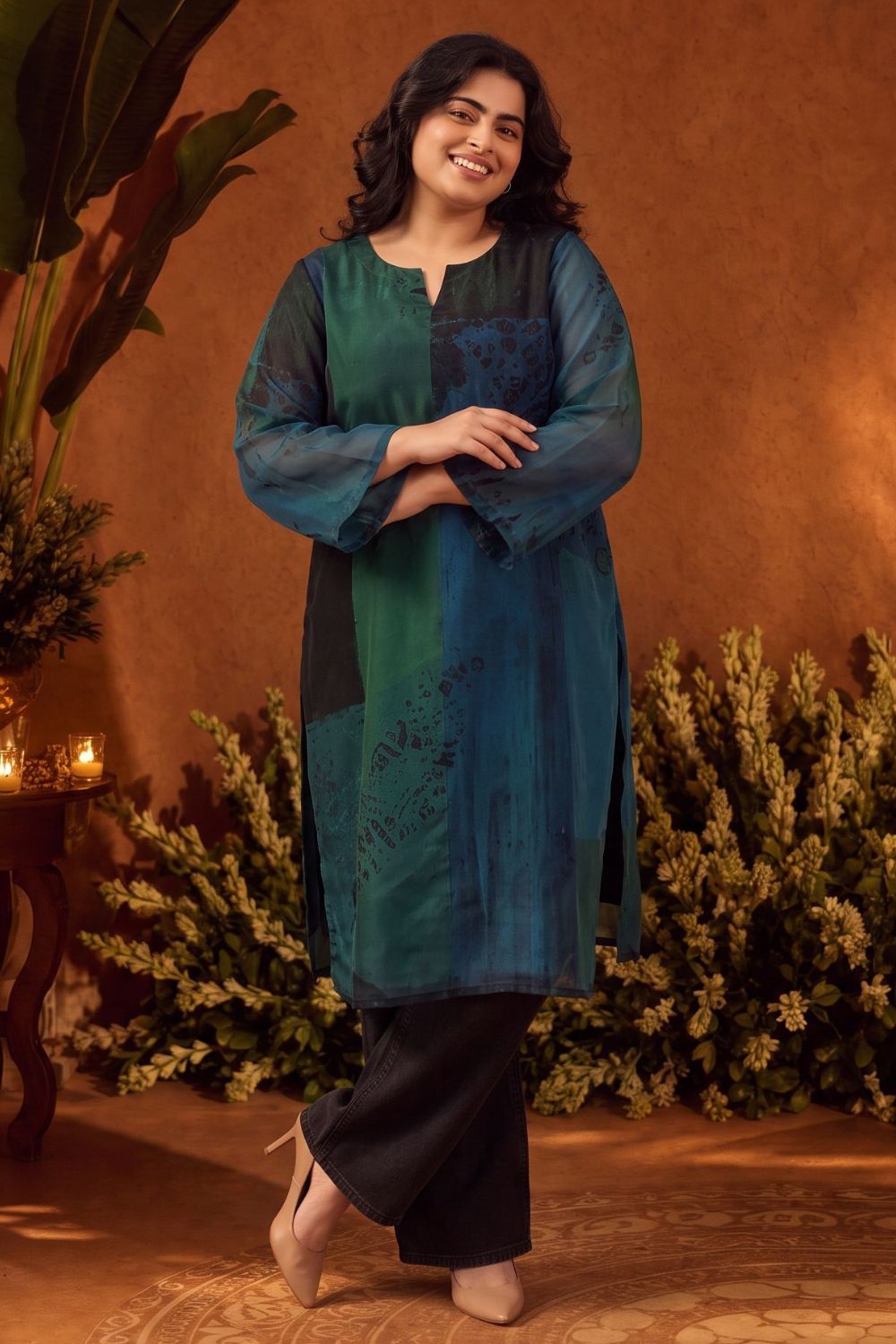 Plus Size Teal Artistry Straight Georgette Kurta