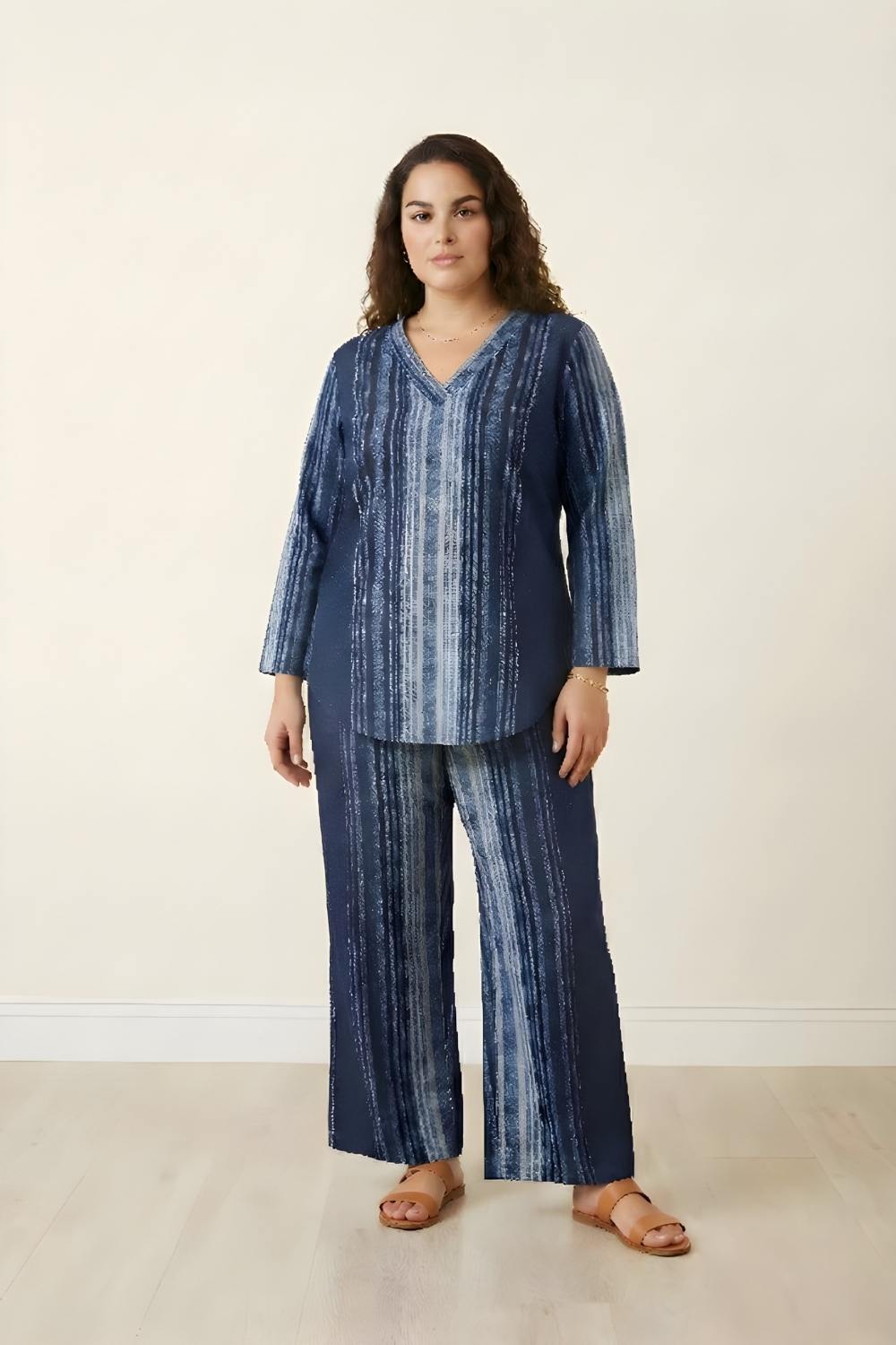 Plus Size Blue Vertical Stripe Top SnugWeave™ Winter Coord Set