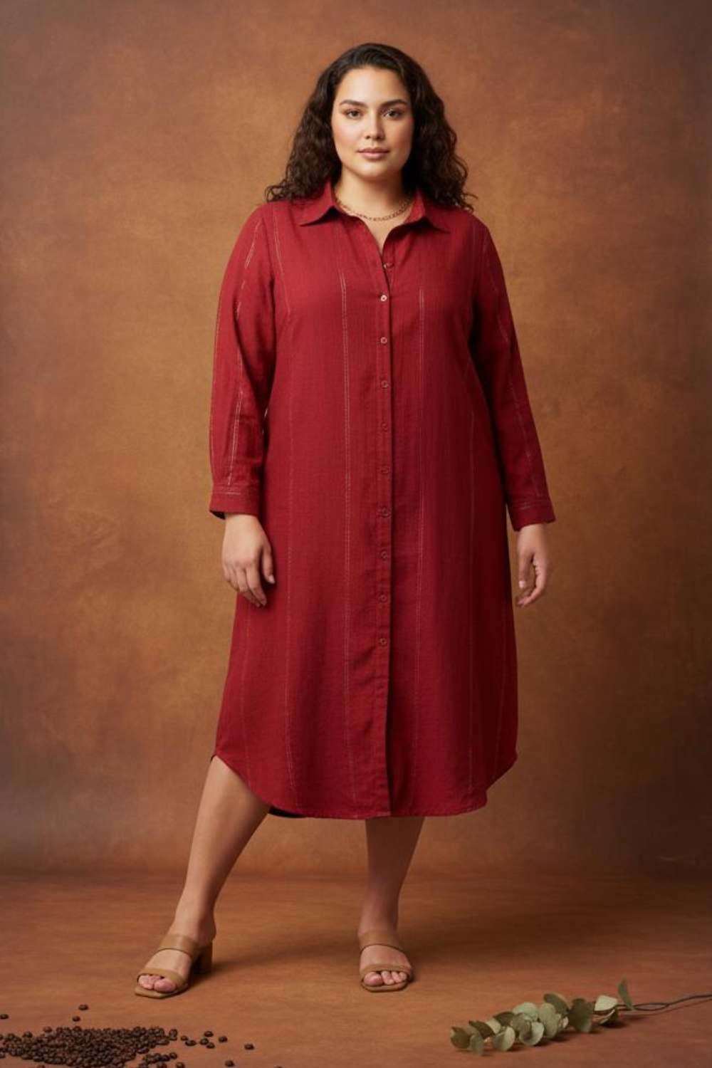 Plus Size Maroon Golden Pin Striped Shirt Dress