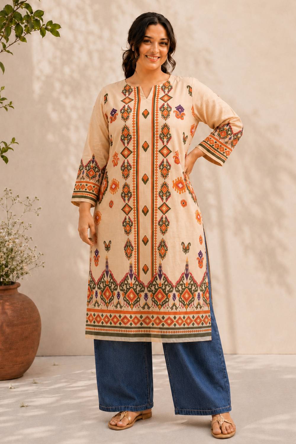 Plus Size Beige Ethnic Border Print cotton Kurti
