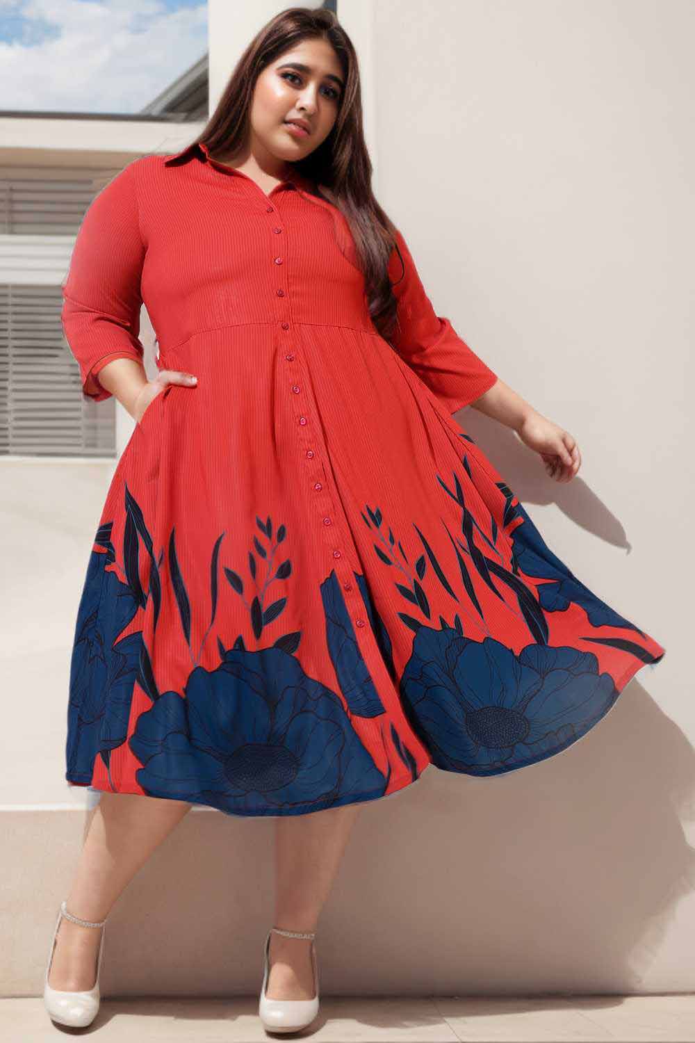 Plus Size Red Floral Printed Crepe Shirt Dress Plus Size Red Floral Printed Crepe Shirt Dress