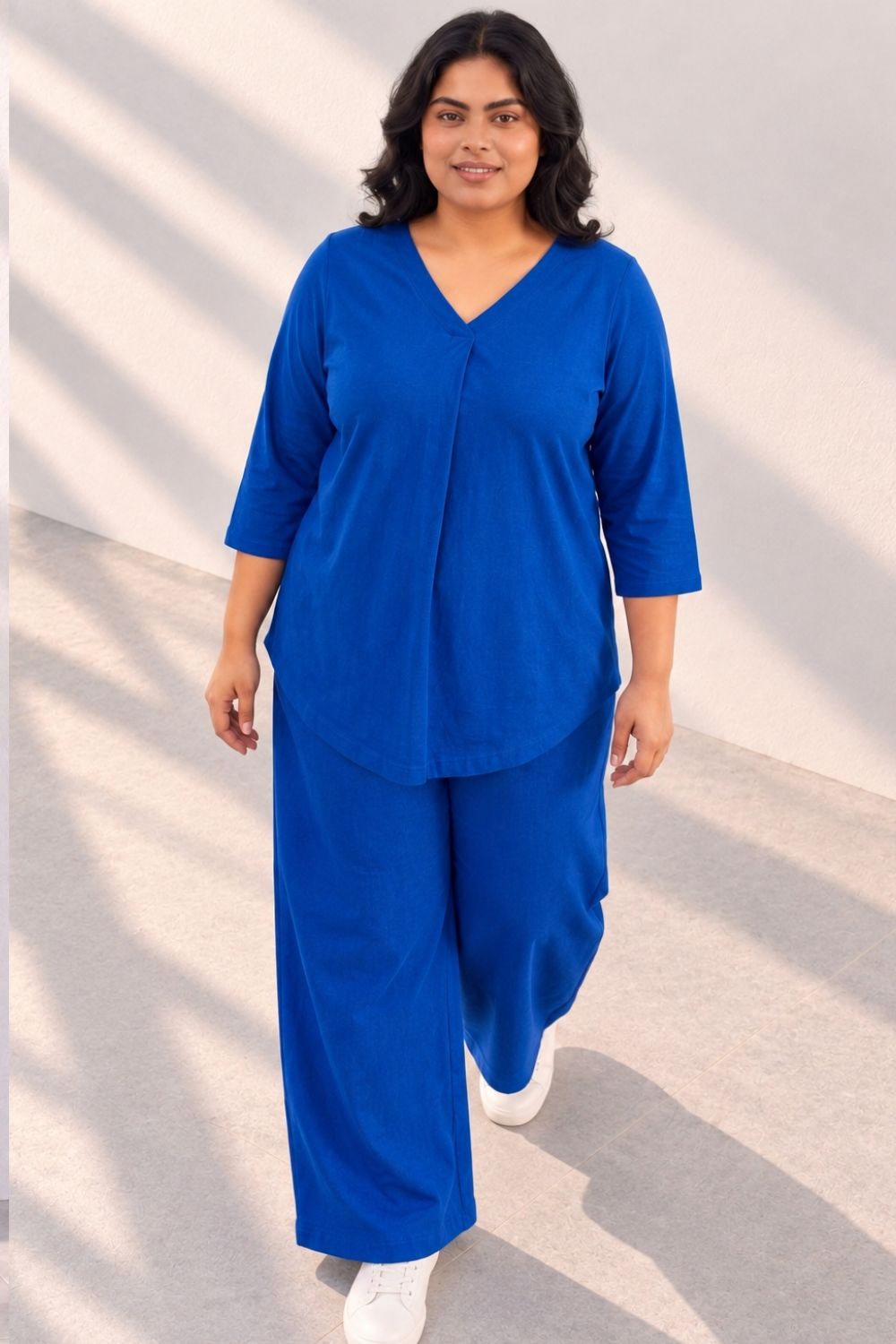 Plus Size SoftEase V Neck Blue Cotton Coord Set
