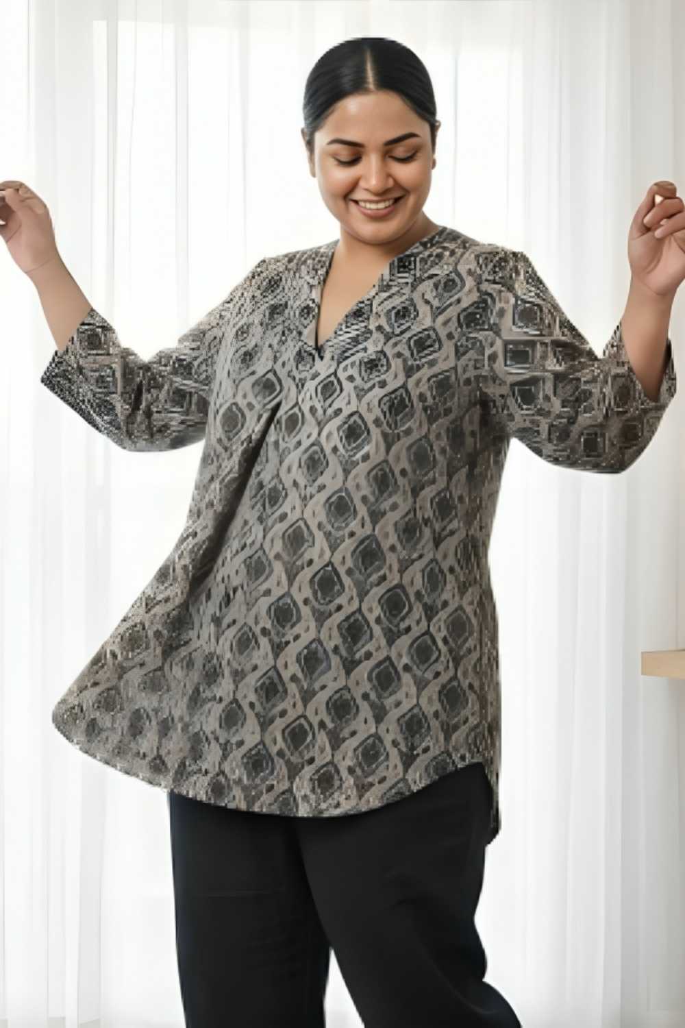 Plus Size Black Floral Borders SnugWeave™ Winter Kurta