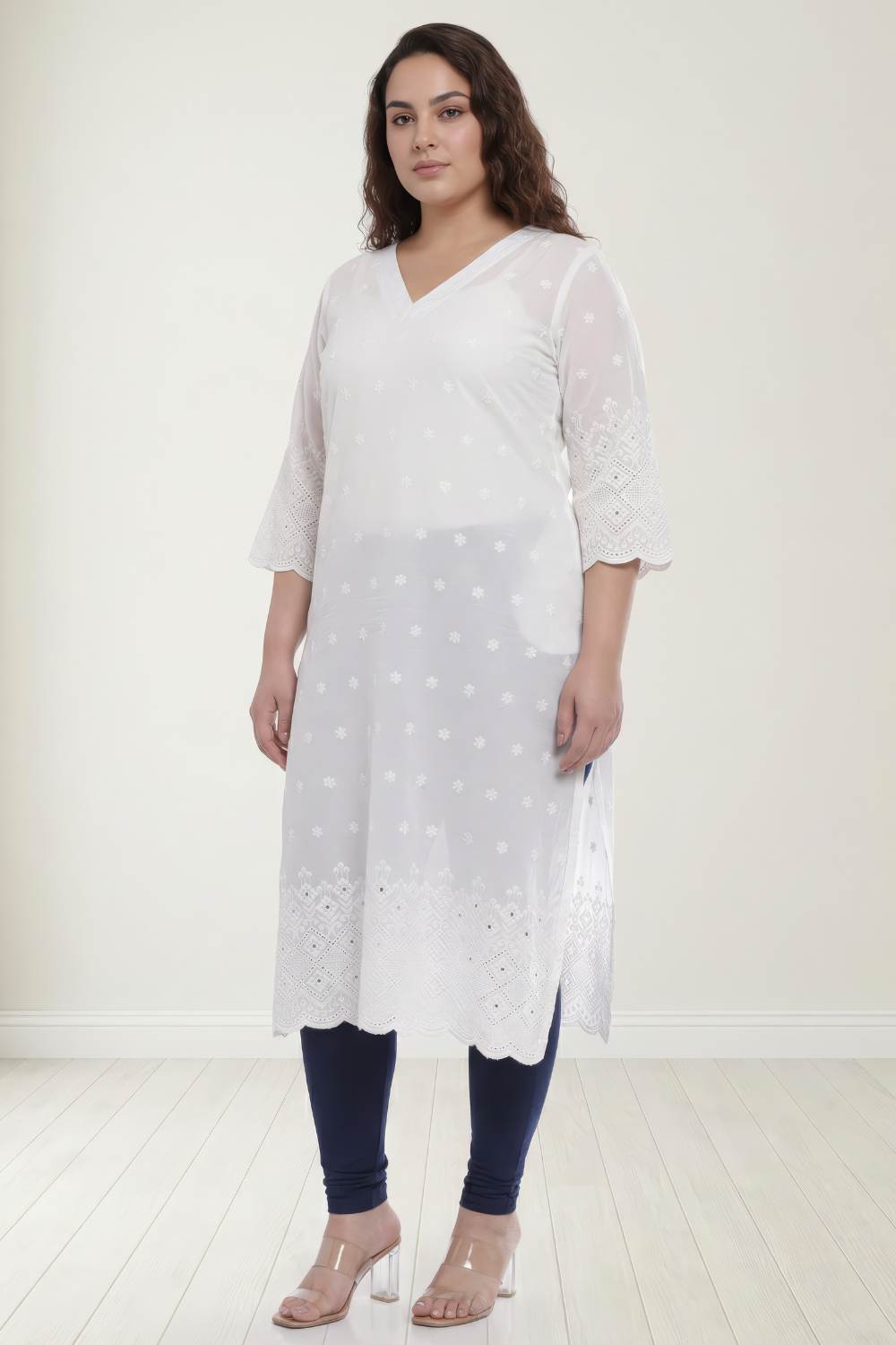 Plus Size White Cotton Schiffli V Neck Kurta