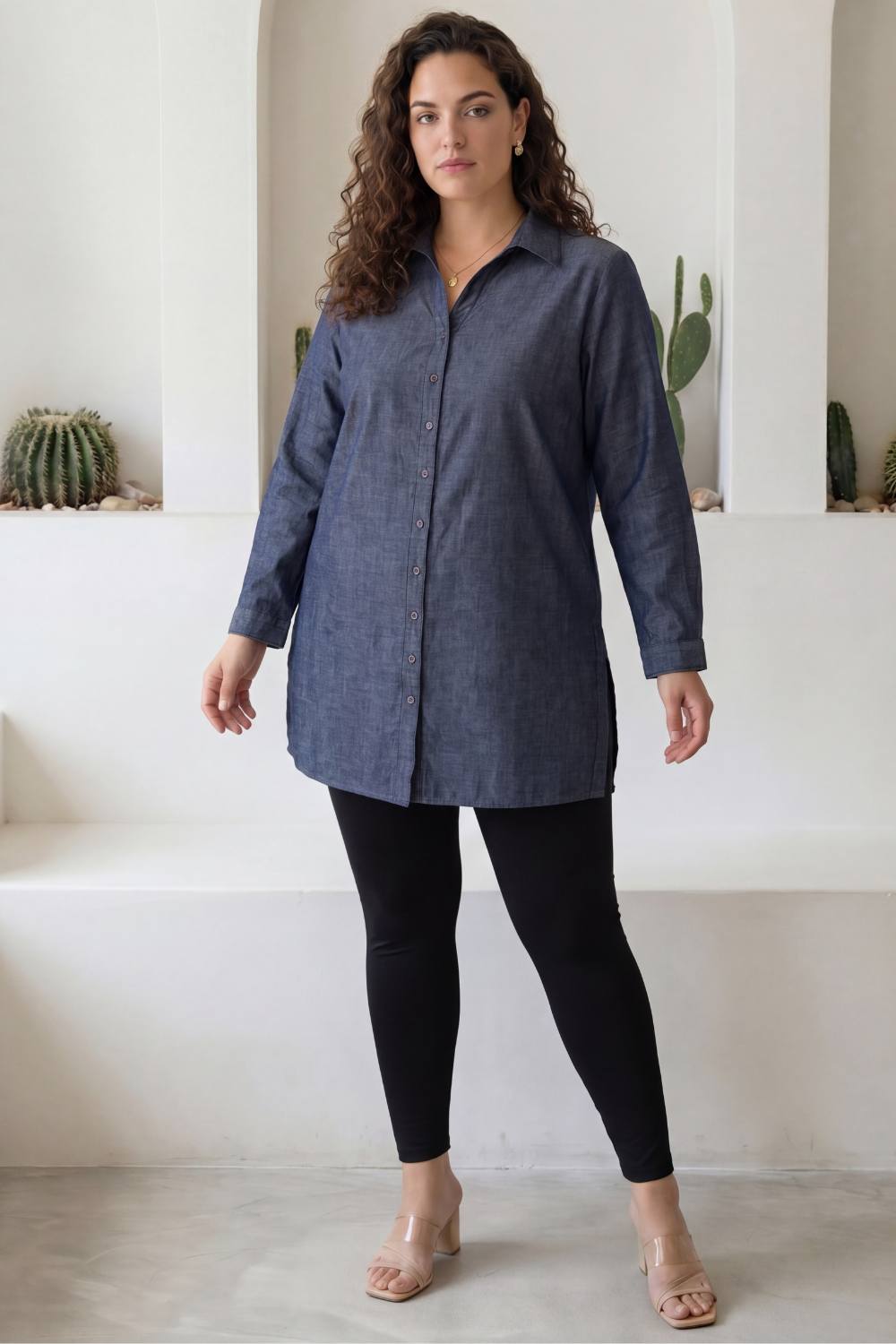 Plus Size Denim Cotton High Slit Longline Shirt