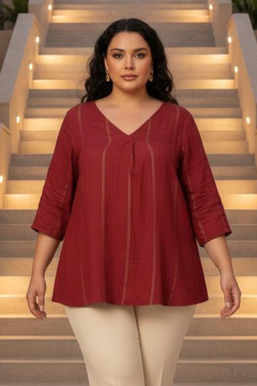 Plus Size Maroon Golden Pin Striped V-Neck Top