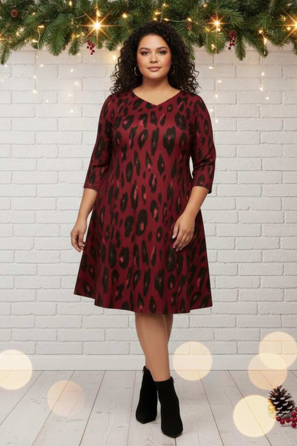 Comfy Plus Size Animal Print Dress in Red & Black Color Online