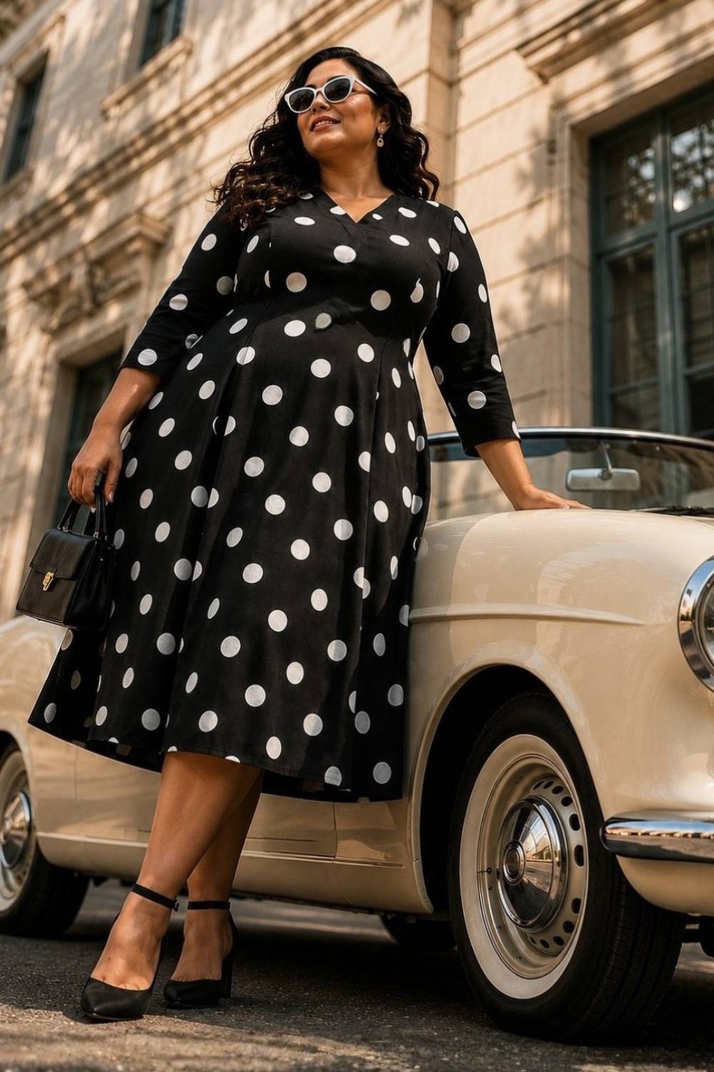 Plus Size Black Polka Print Rayon Midi Dress