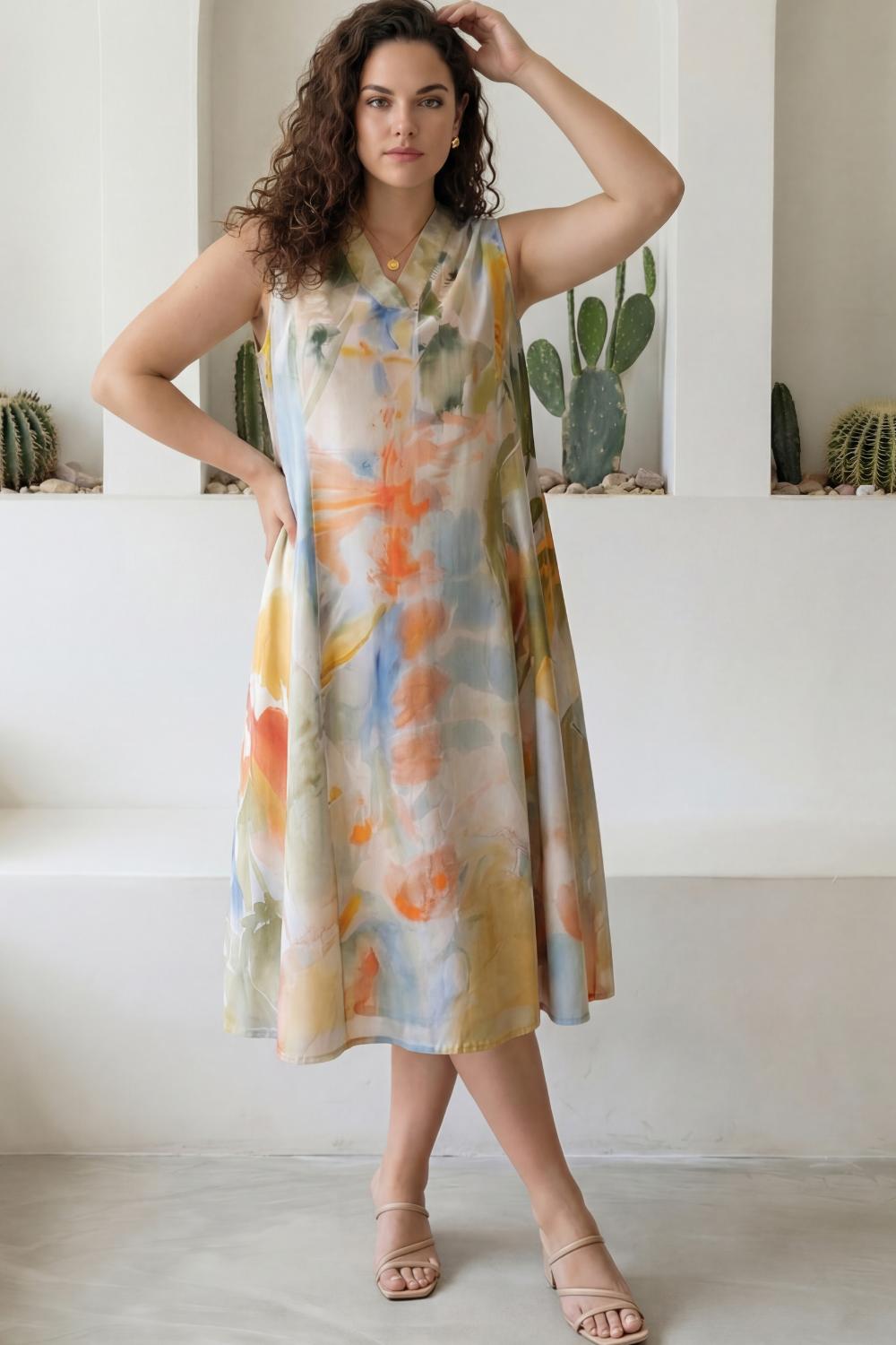 Plus Size Pastel Abstract Print Sleeveless Cotton Midi Dress