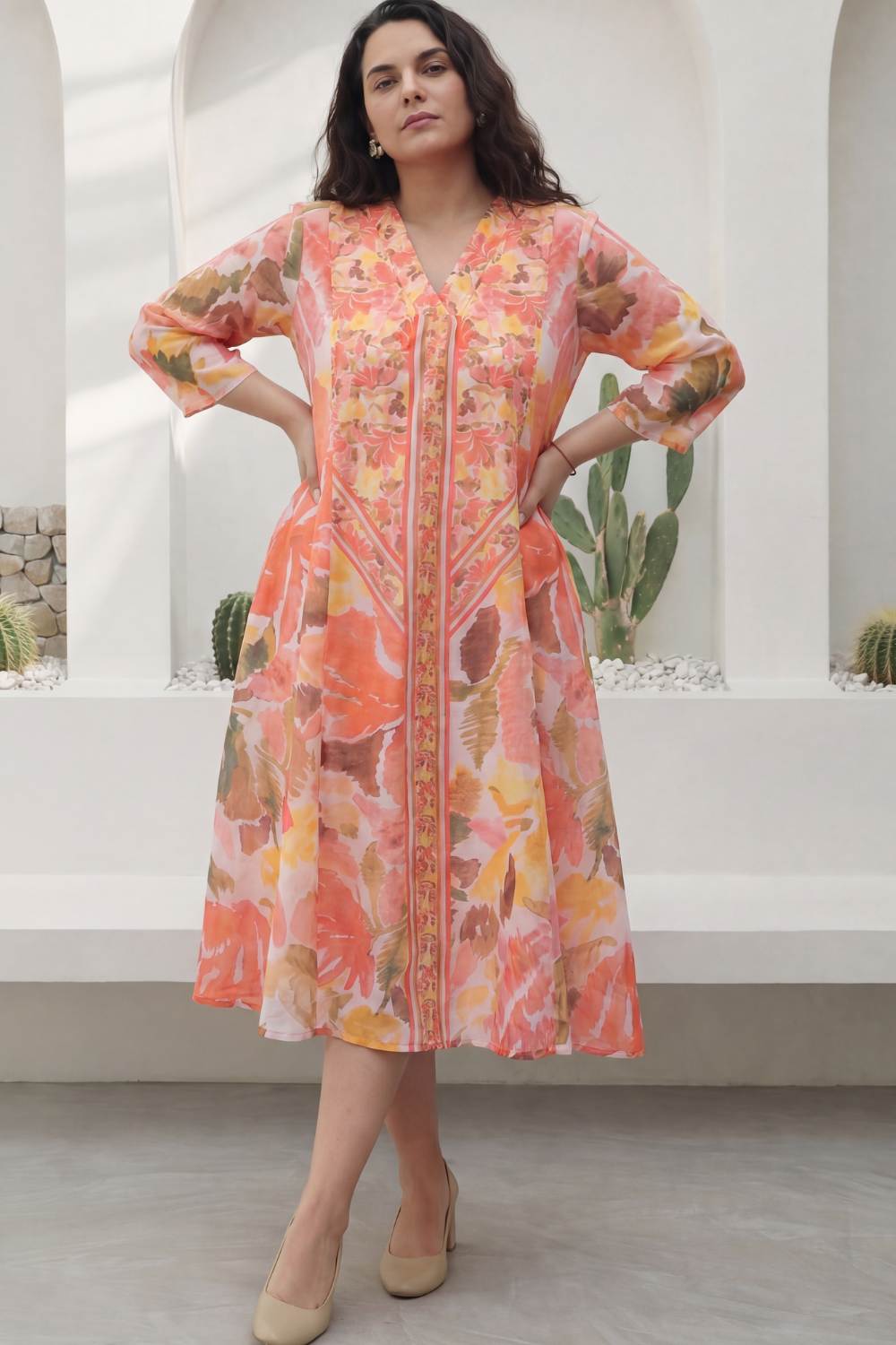 Plus Size Peach Coral Floral Print Cotton Midi Dress