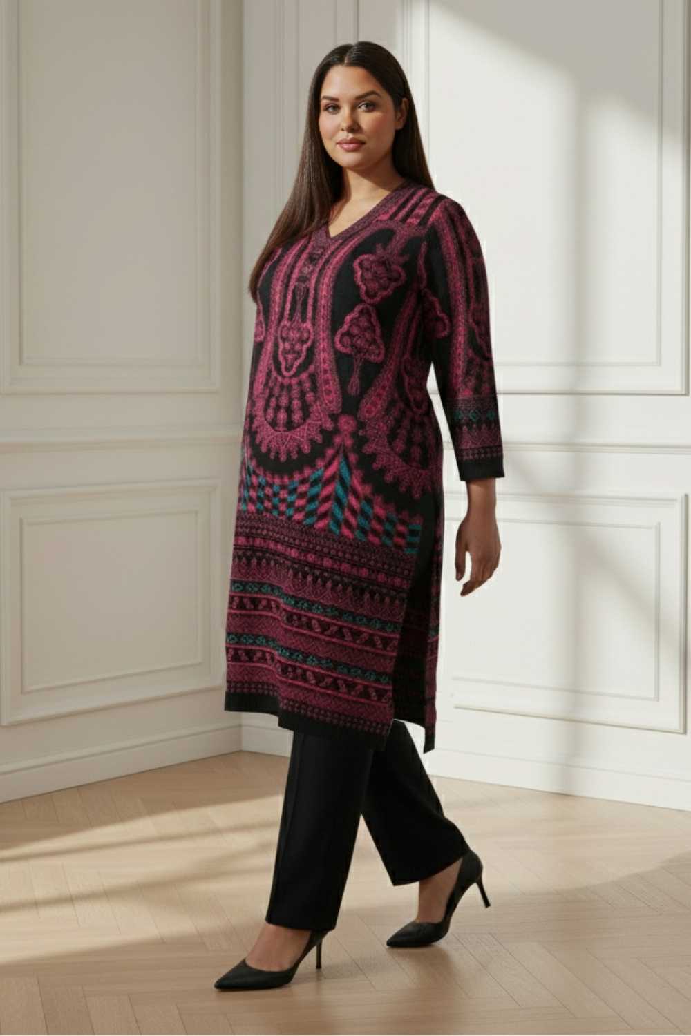 Plus Size Black Red SnugWeave™ Winter Kurta