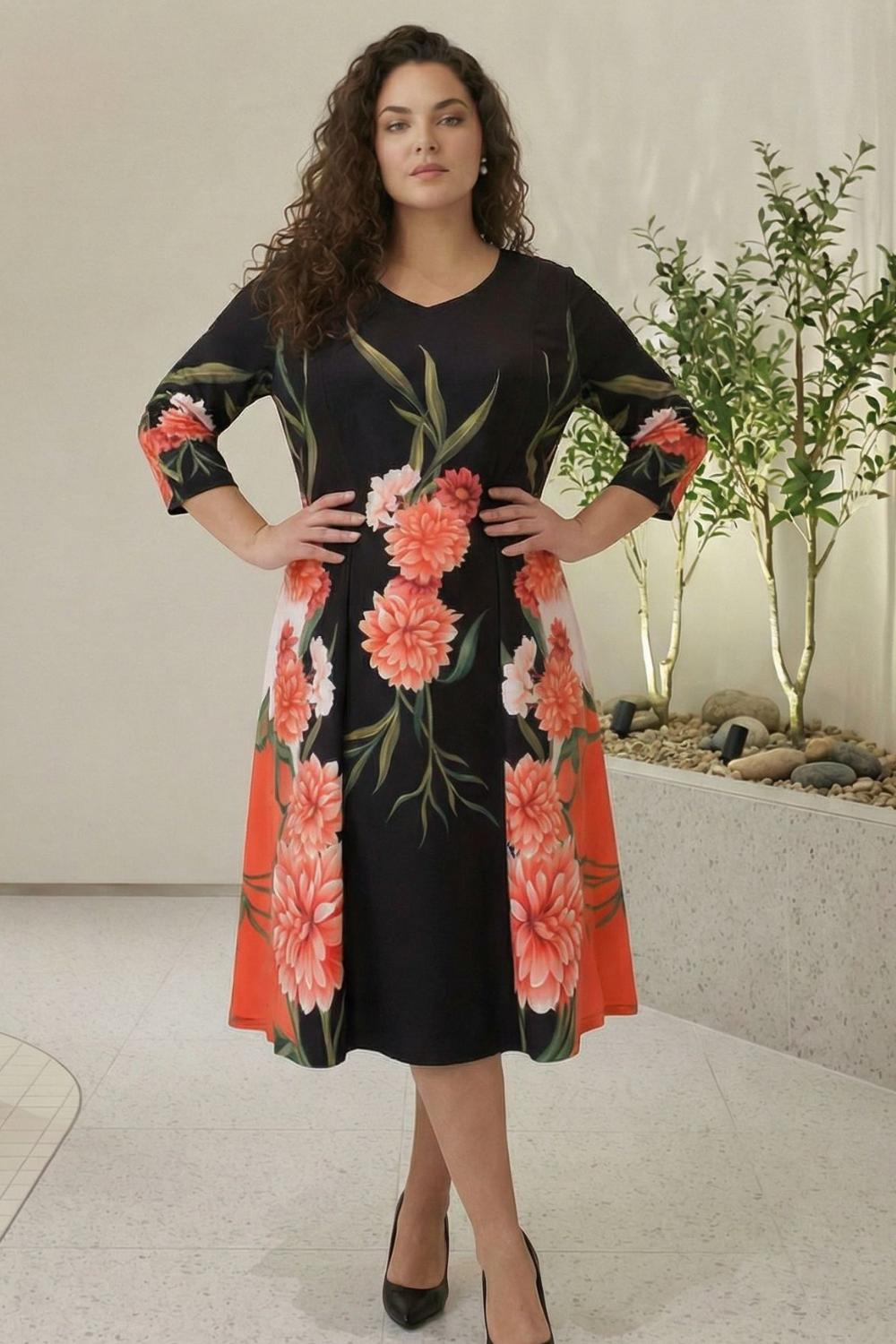 Plus Size Black & Coral Floral Printed A-Line Dress