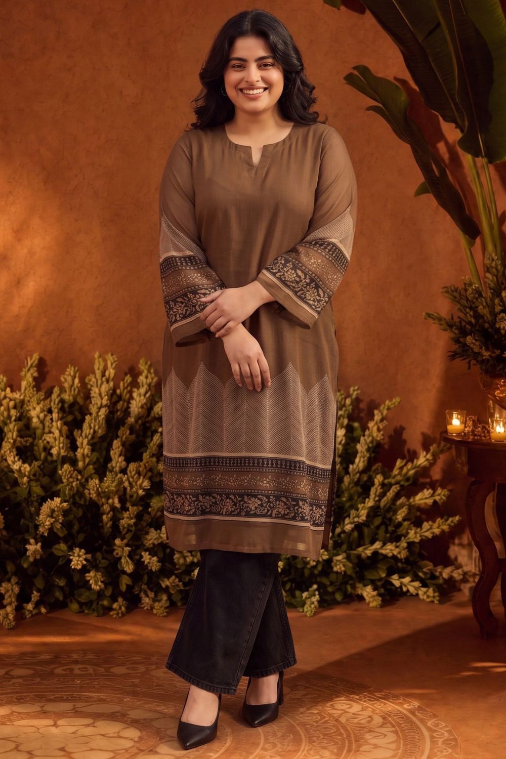 Plus Size Heritage Border Print Straight Georgette Kurta