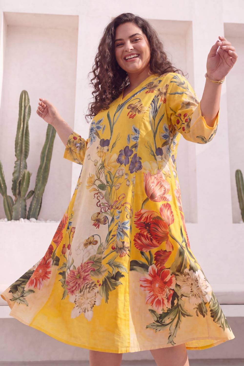 Floral Charm Yellow Plus Size Midi Dress