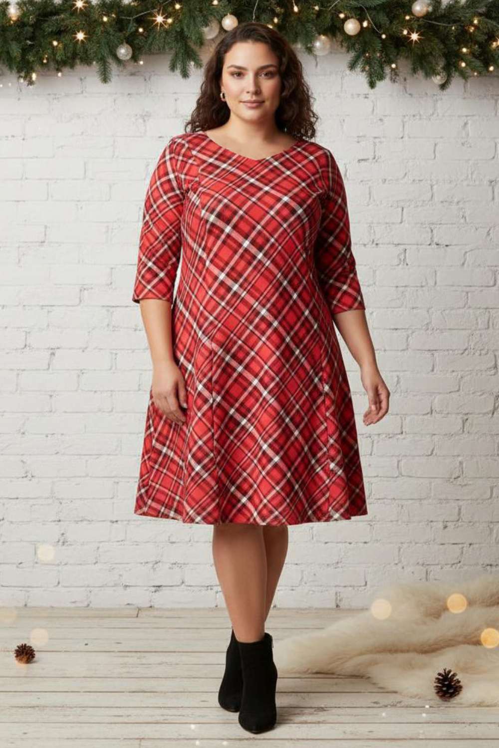 natalie dressed Plus Size Red Plaid Printed Dress Online in India