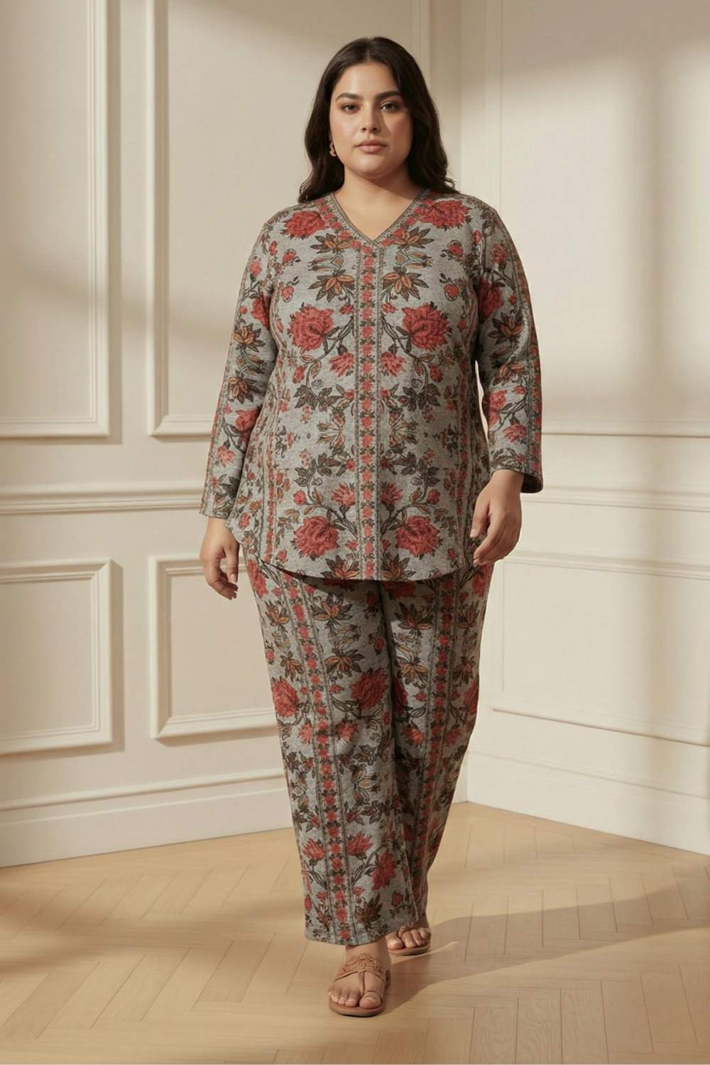 Plus Size Pink Ethnic Floral SnugWeave™ Winter Top Coord Set