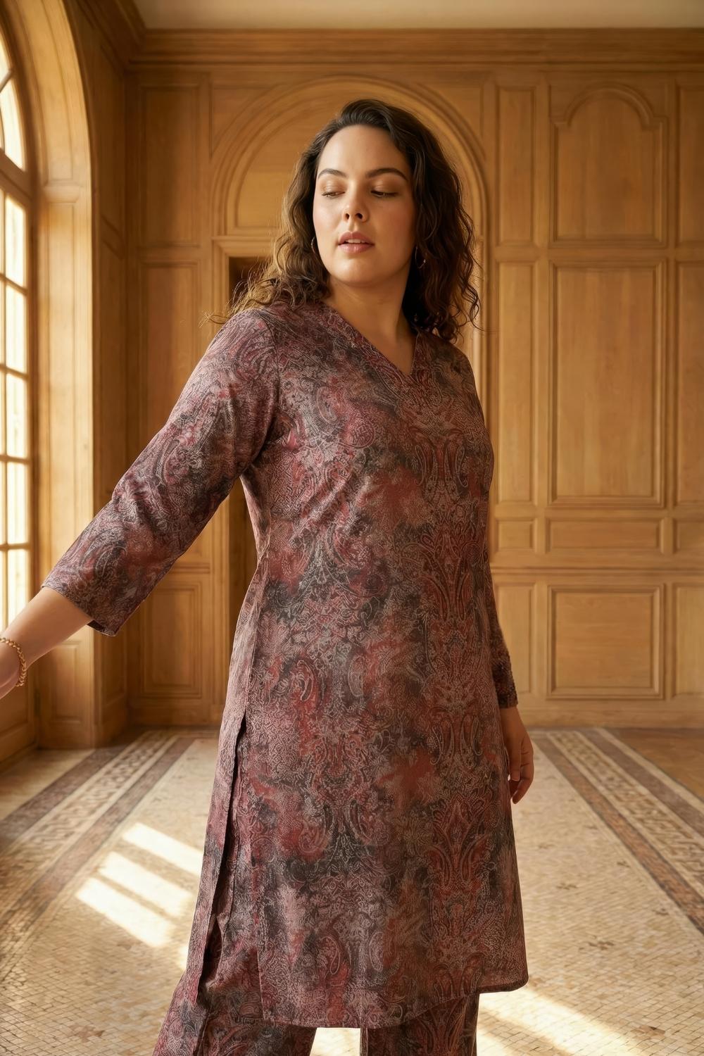 Plus Size Maroon Paisley SnugWeave™ Winter Kurta Coord Set