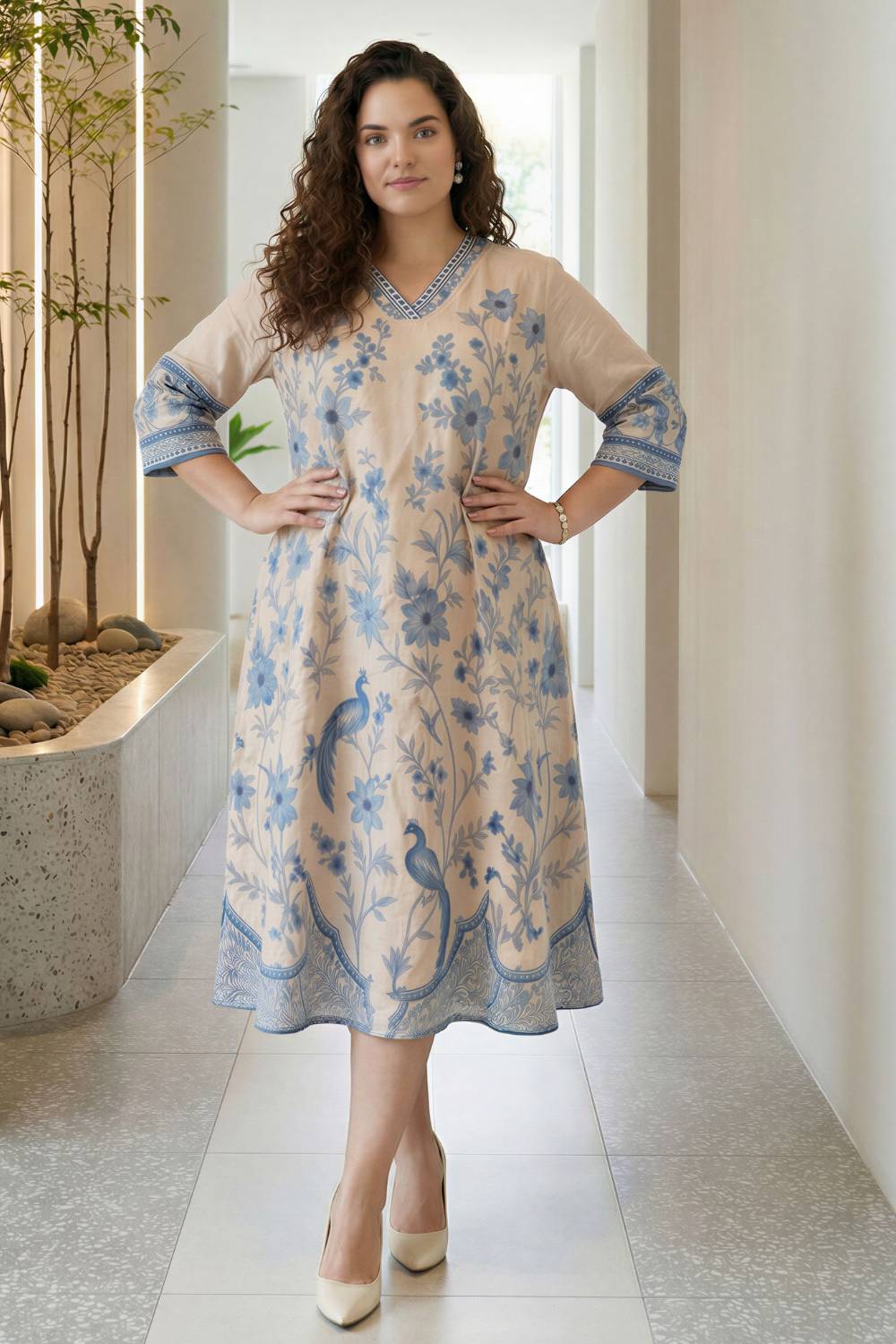 Plus Size Beige Ethnic Floral Print Cotton Midi Dress Plus Size Beige Ethnic Floral Print Cotton Midi Dress