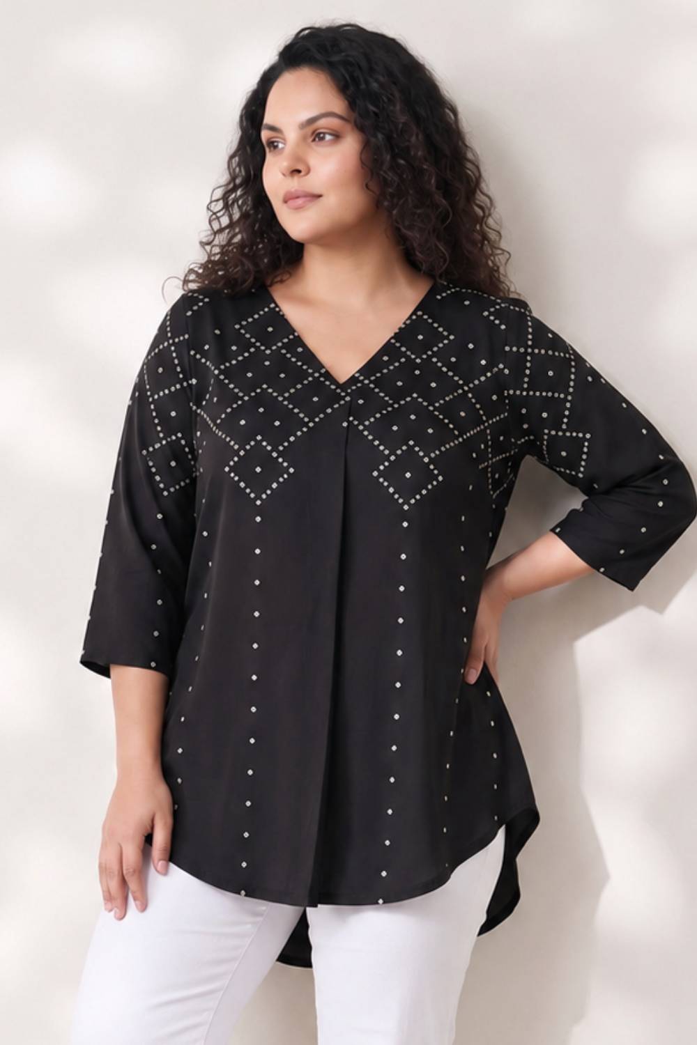 Plus Size Black Bandhej Print Top