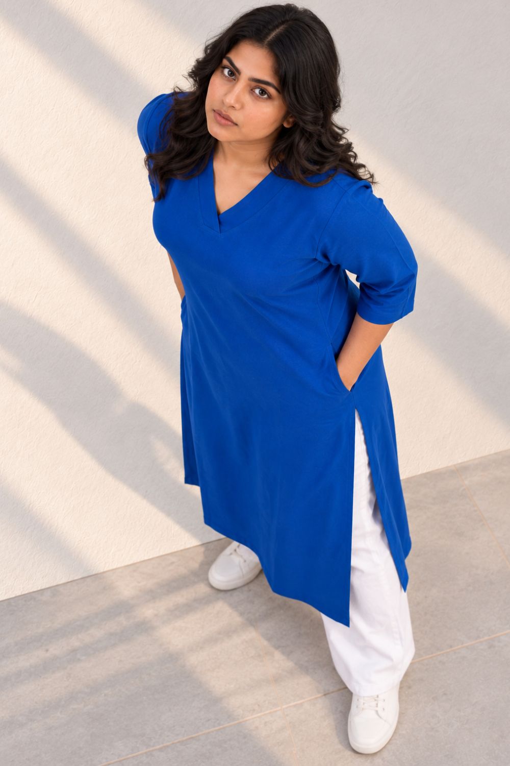 Plus Size SoftEase V Neck Blue Cotton Kurta