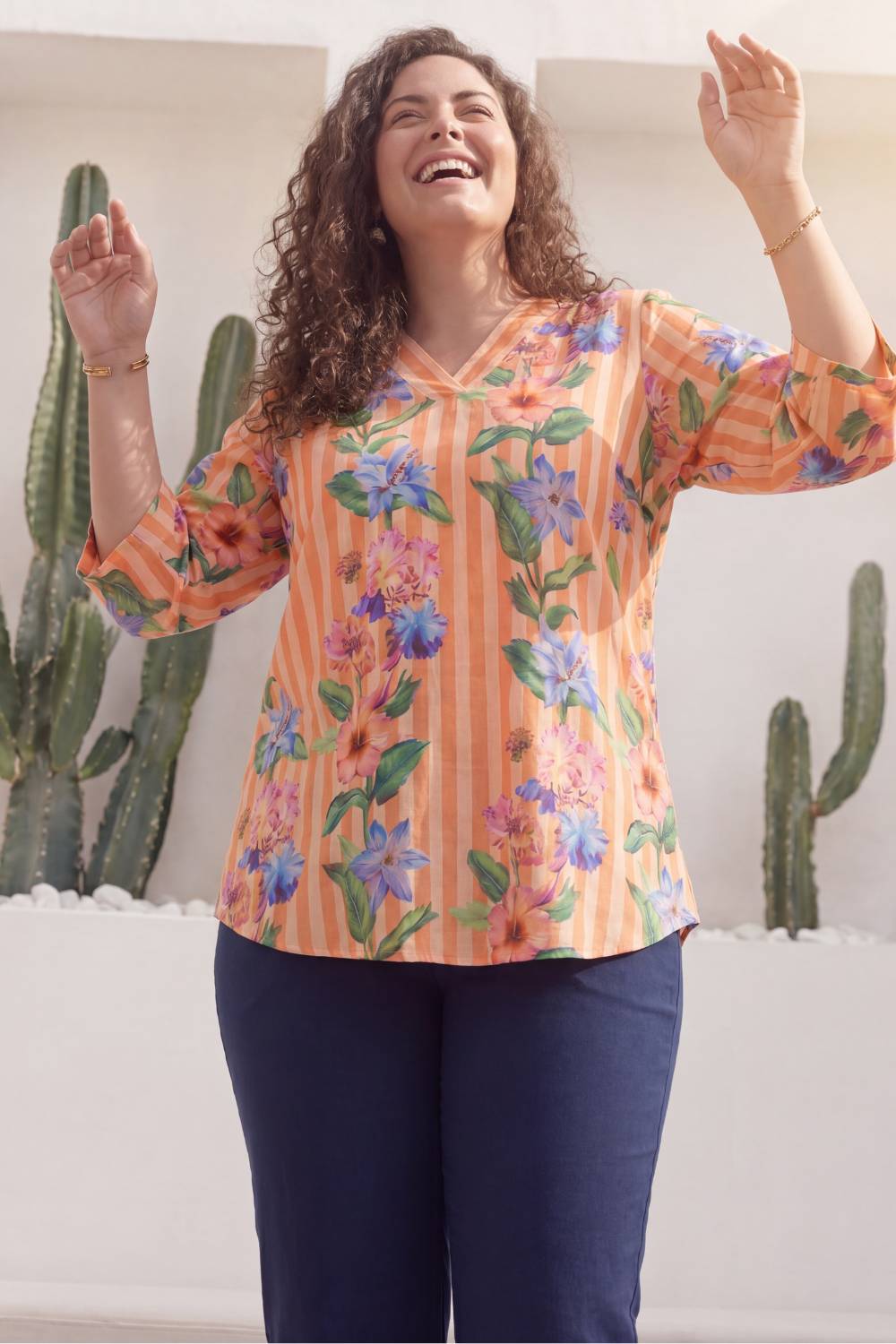Plus Size Orange Floral Stripes Top