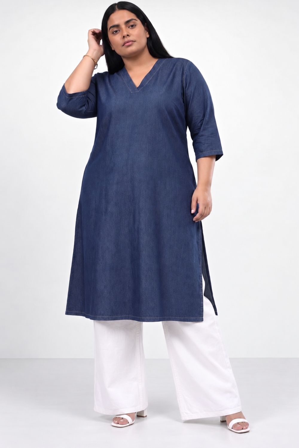 Plus Size Denim Cotton V-Neck Kurta