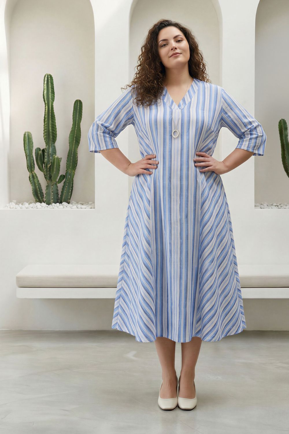 Plus Size Blue Stripe Print Cotton Midi Dress