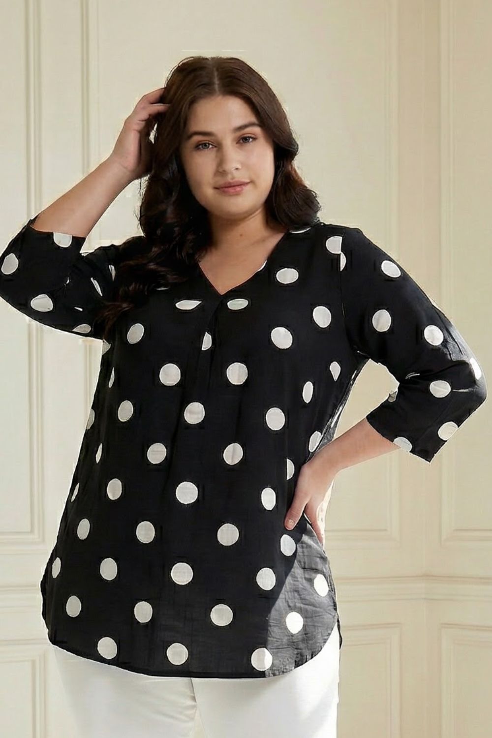 Plus Size Black Polka Print V Neck Rayon Top