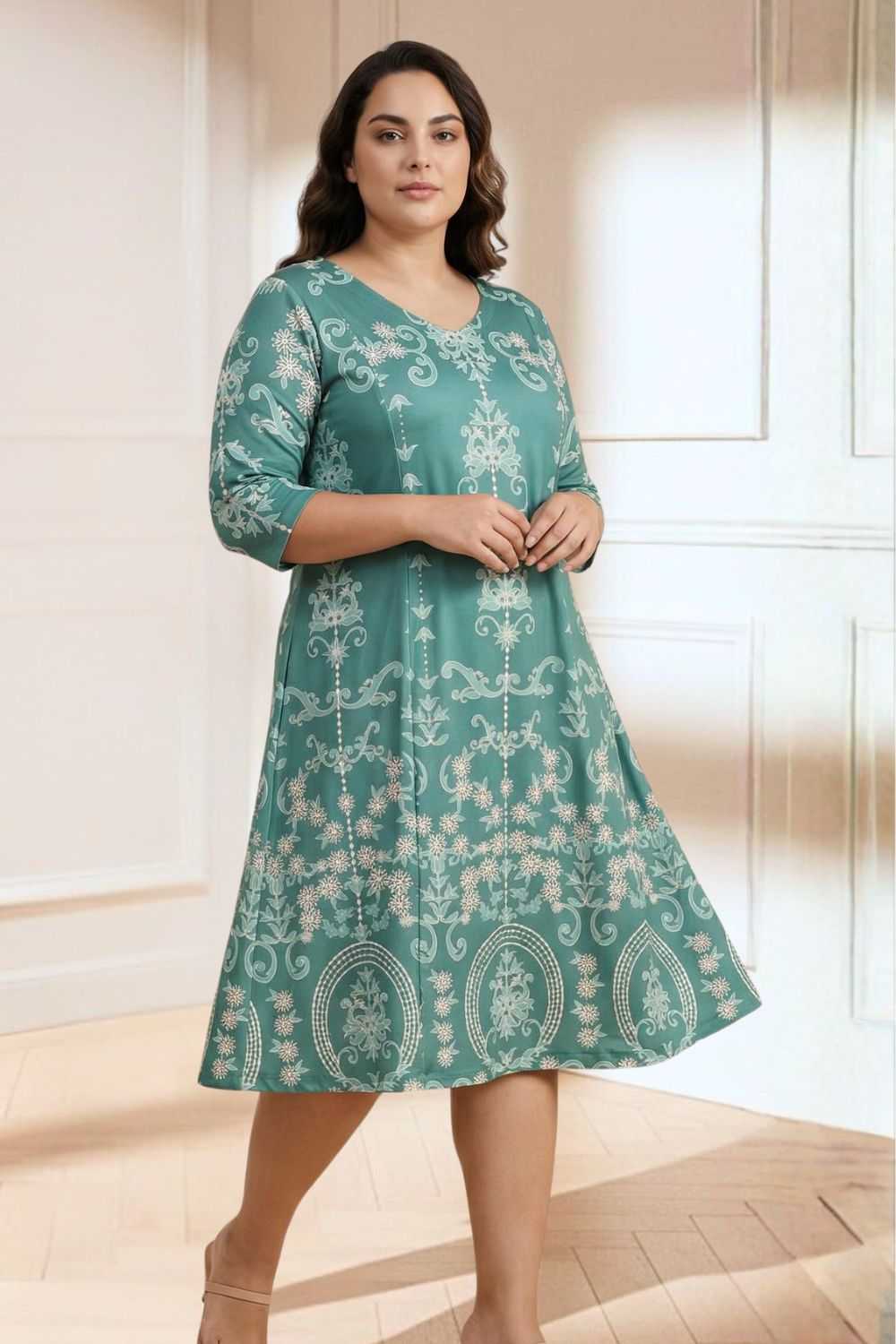Plus Size Green Ethnic Print A line Dress