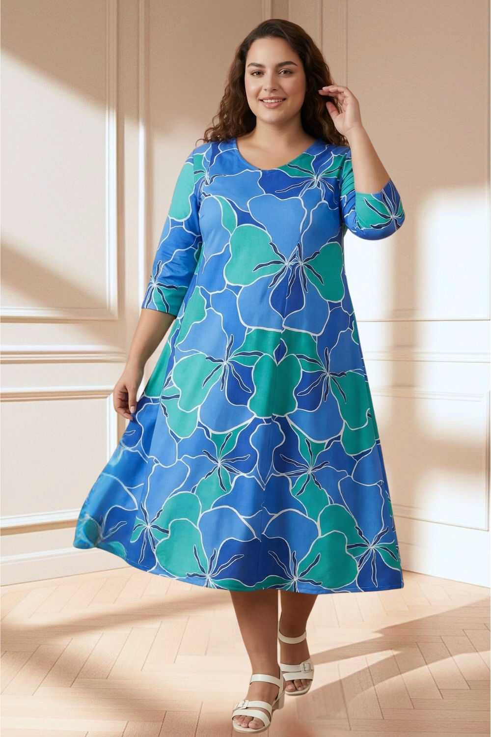Plus Size Blue Green Abstract A line Dress | Amydus