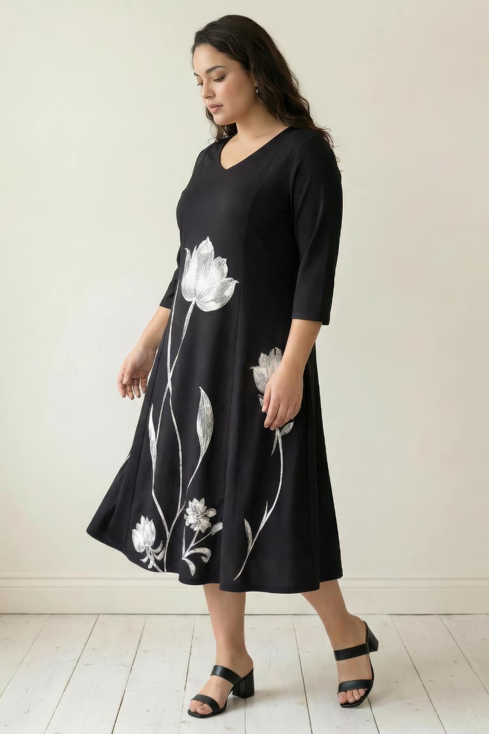 Plus Size Black Floral Print A-Line Dress